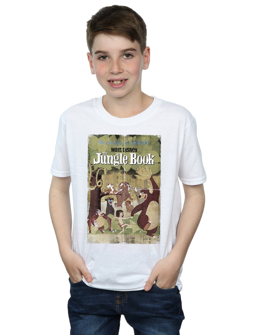 Disney Jungle Book Retro Poster Graphic T-Shirt for Boys 12-13 Years - White Cotton Tee - Kids Cartoon Movie Character Shirt - School, Birthday & Casual Wear
