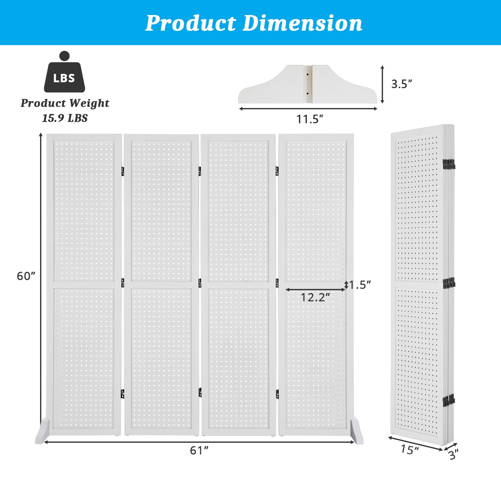 Bonnlo 4 Panel Pegboard Freestanding Organizer - 5 FT Portable Display Board for Craft Shows, Jewelry & Retail - Wooden Folding Privacy Screen Room Divider with Base (White) - Perfect for Trade Shows, Boutiques & Home Office Organization
