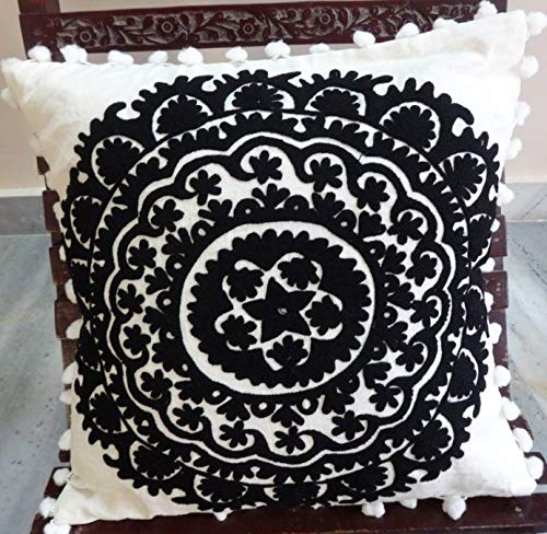 24x24 Inch Square Pillow Cover - Black & White Embroidered Floral Euro Sham for Patio Furniture, Bohemian Indian Ethnic Decorative Cushion Case, Hippie Throw Pillow Cover (Pattern 1) - Perfect for Outdoor Lounge, Living Room & Bedroom Decor