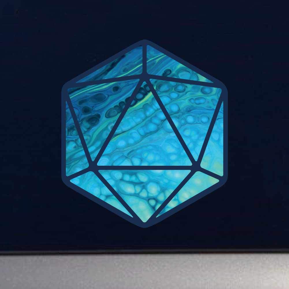 D20 Dice Silhouette Teal and Blue Swirl Paint Pour Vinyl Decal - 5 Inch Waterproof Sticker for Gaming Accessories, Cars, Laptops, Home Décor & Windows | Perfect for Tabletop RPGs, DIY Crafts & Personalizing Devices