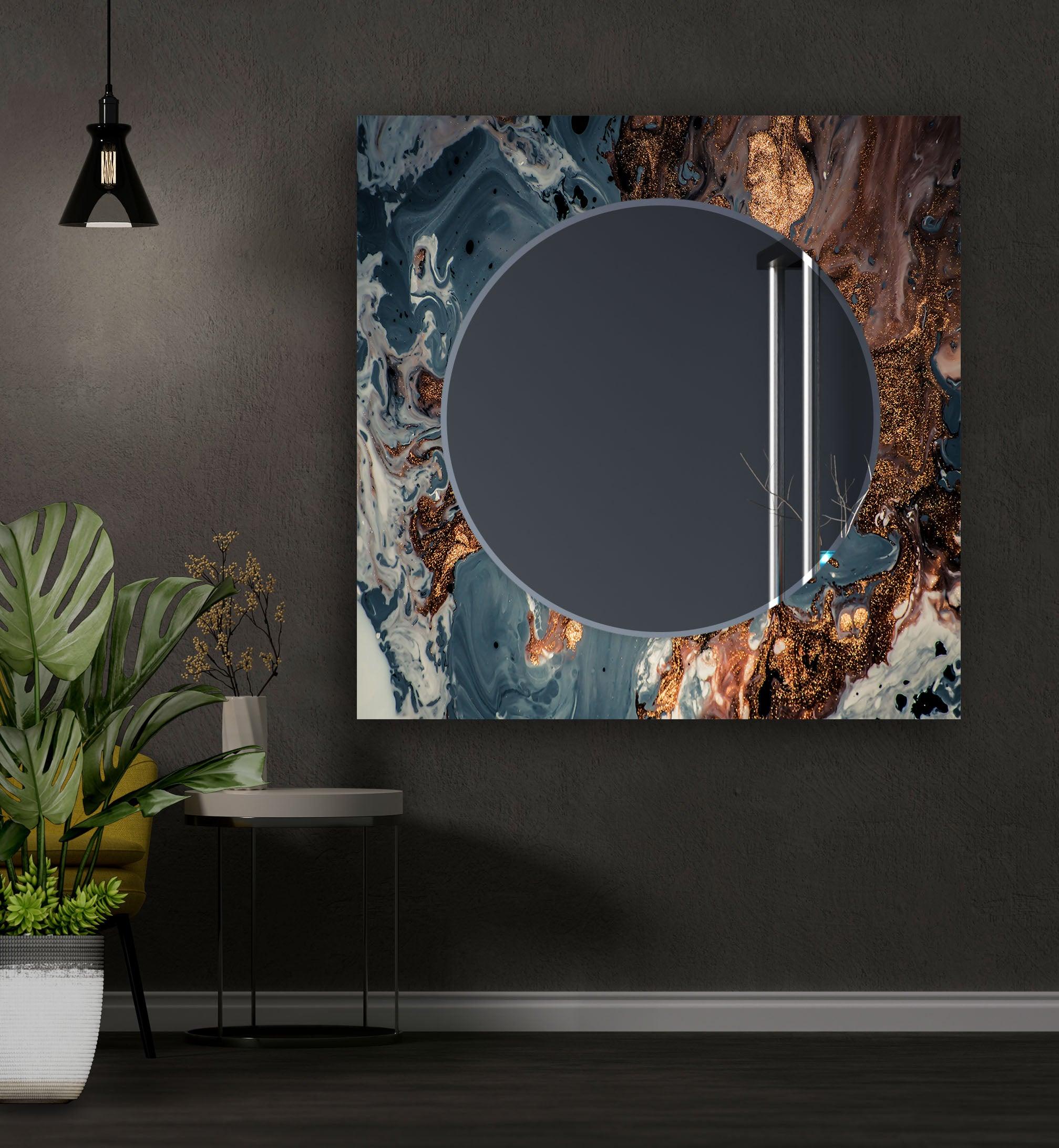 Blue Abstract Wall Mirror with Bronze Details - Modern Decorative Mirror for Living Room, Bedroom, or Entryway