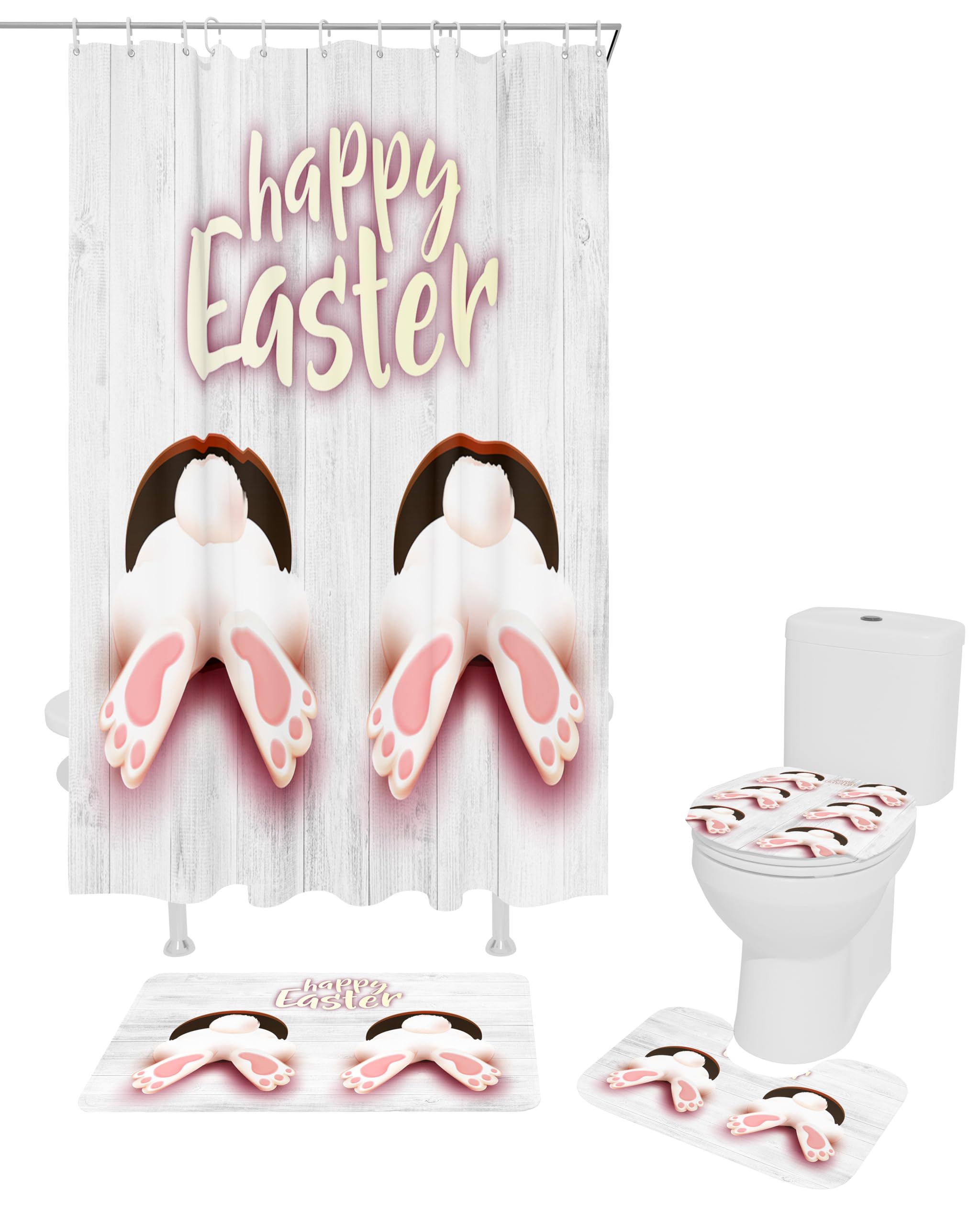 Funny Rabbit Easter Non-Slip Shower Curtain Set - 4PC Bathroom Decor with Rug, Toilet Cover & 12 Hooks | Durable Washable Waterproof Bath Mat for Home Decor | Perfect for Easter Decorations, Spring Bathroom Makeover & Gift Ideas