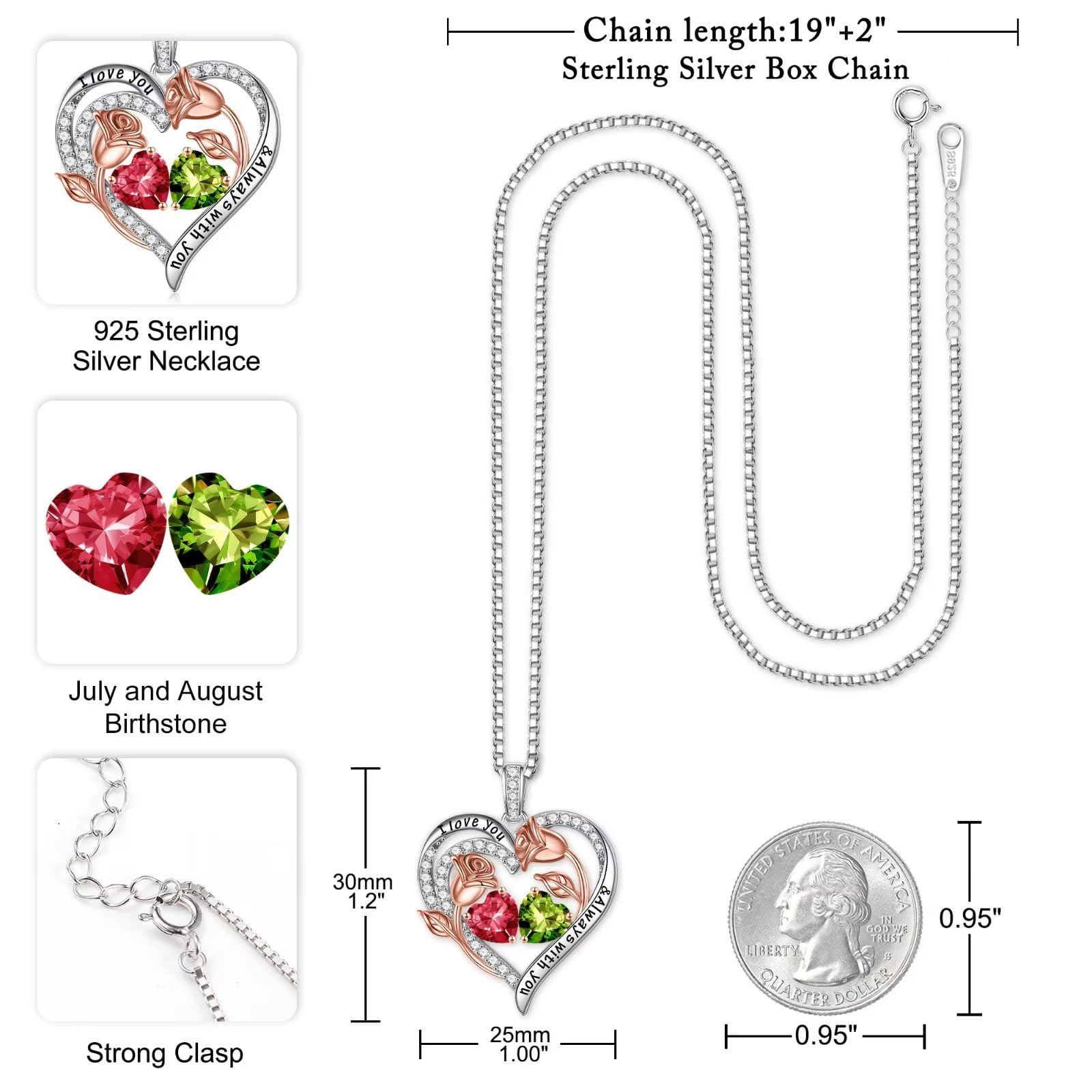 925 Sterling Silver Rose Heart Birthstone Necklace for Women - Personalized Birthday, Anniversary & Mother's Day Jewelry Gift for Wife, Mom, Daughter | Perfect for Weddings, Date Nights & Special Occasions