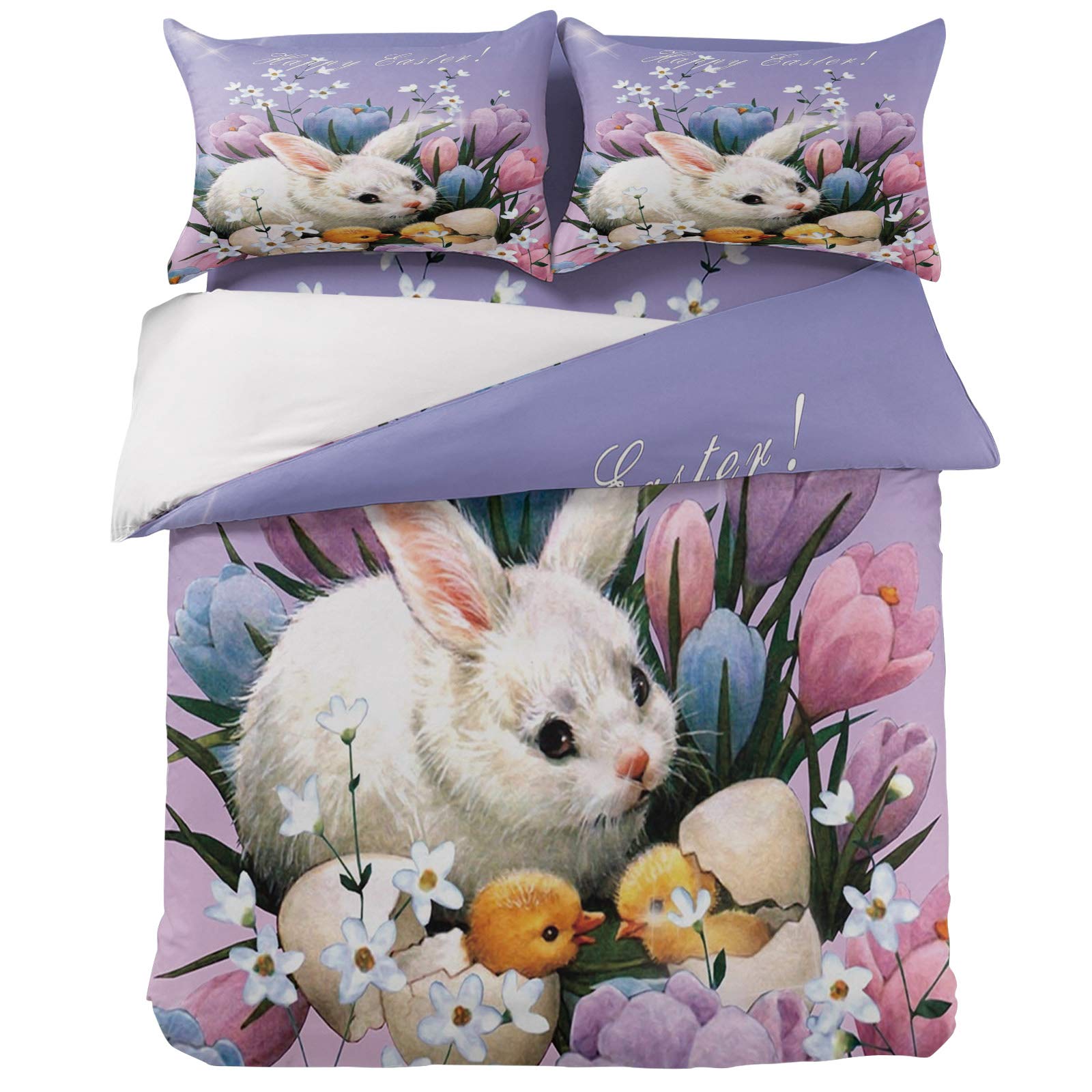 Litter Star 4-Piece Duvet Cover Set - Cute Rabbit & Chick with Spring Flowers Design | Full Size Ultra Soft Quilted Bedding with 2 Pillowcases | Easter Bunny Theme | Perfect for Kids' Room, Spring Decor & Easter Gifts