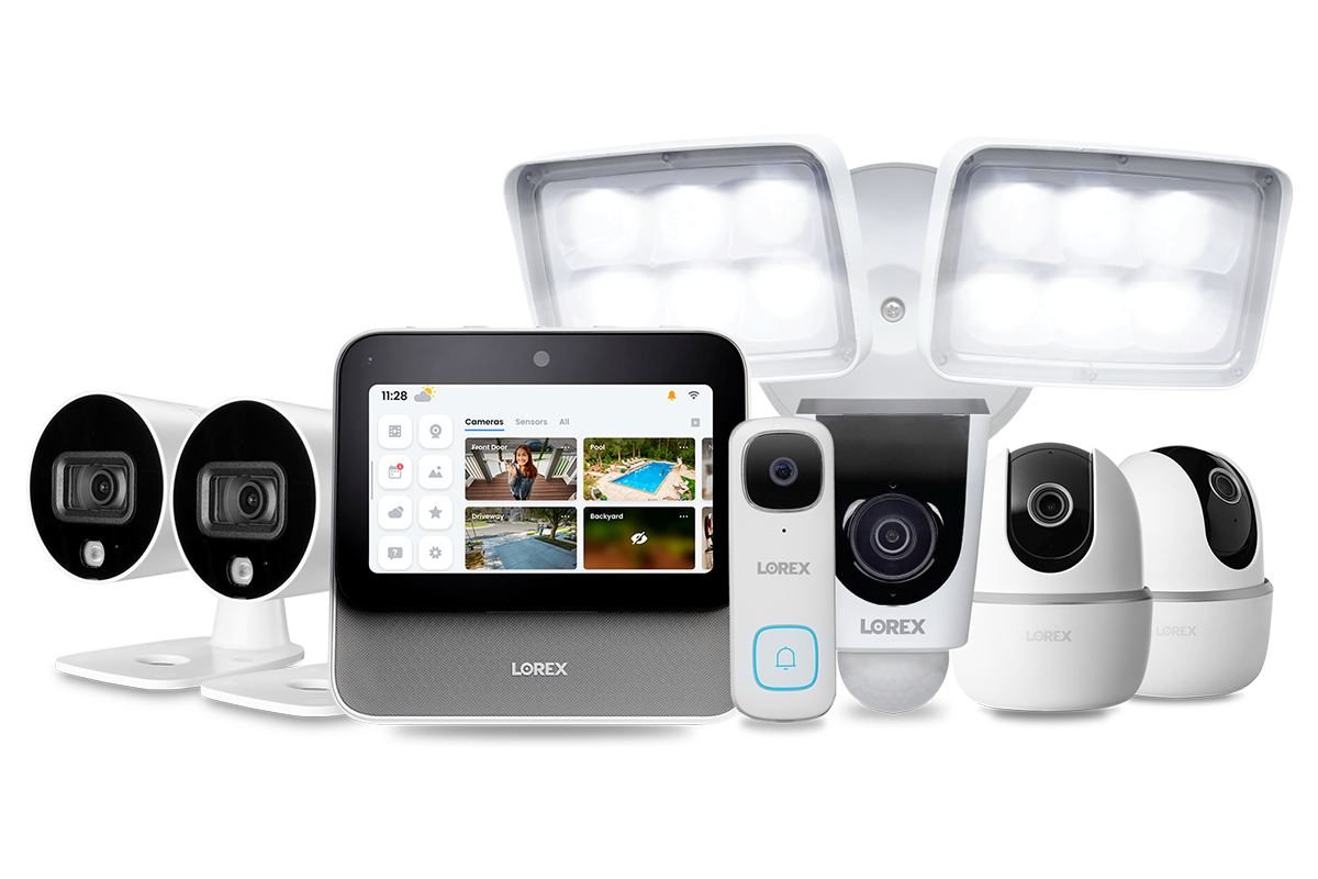 Lorex Smart Home Security System - 2 Outdoor Cameras, 2 2K Pan-Tilt Indoor Cameras, 2K Video Doorbell & Floodlight Camera - 24/7 Home Protection for House, Apartment & Business Surveillance