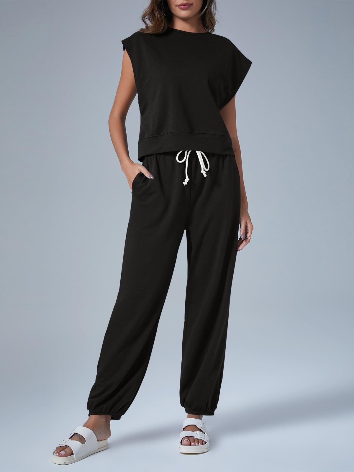Tankaneo Women's Summer 2 Piece Outfit - Casual Lounge Set with Oversized Sleeveless Top & Sweatpants with Pockets - Comfy Pajama Set for Home, Travel & Relaxation