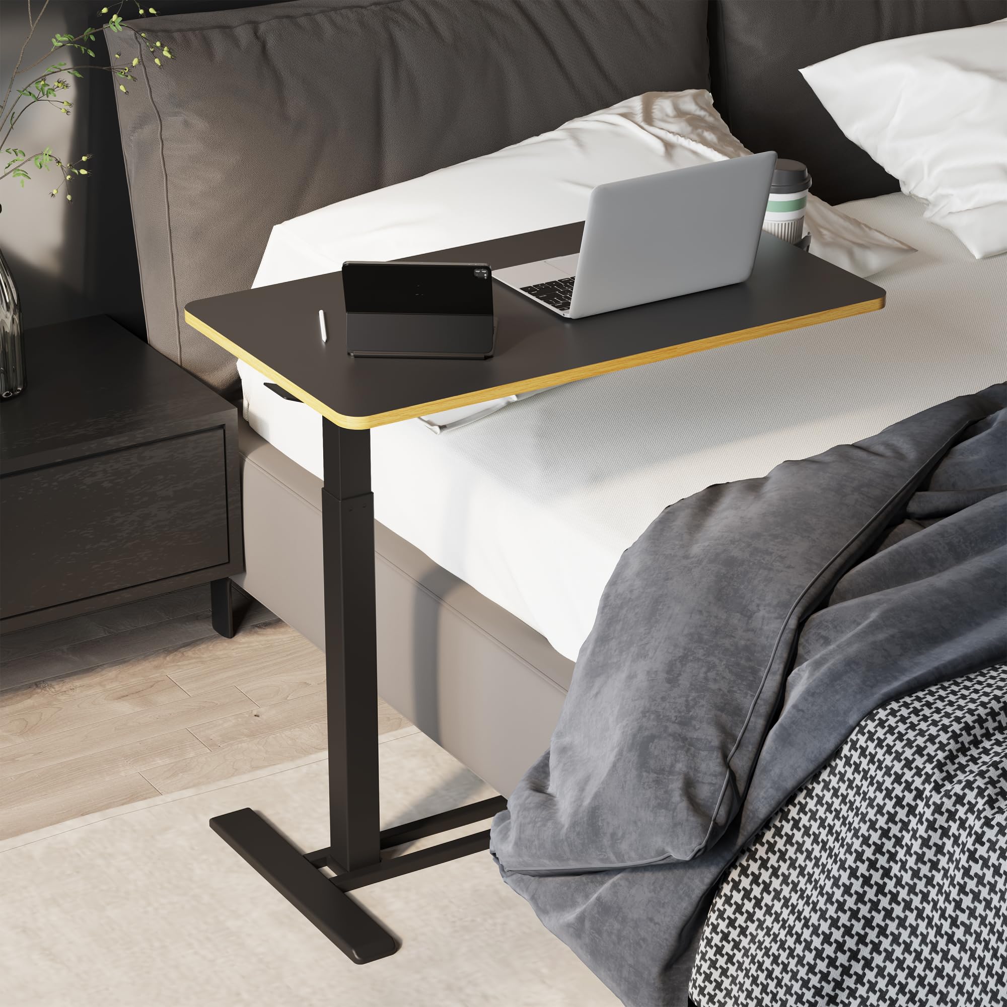 SANODESK Adjustable Overbed Table with Wheels - Pneumatic Height Adjustable Laptop Desk Cart with Tray for Hospital, Home & Office Use - Mobile Standing Workstation (31.5