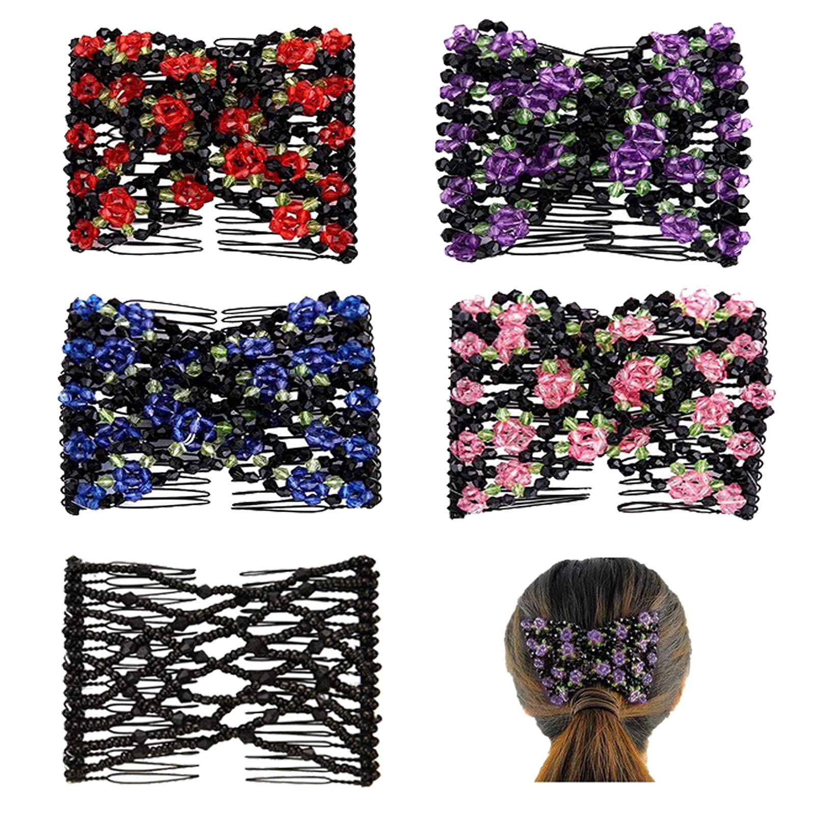 Elegant Crystal Hair Comb Clips Set - 5pcs Beaded Hair Slides & Elastic Combs for Women & Girls | DIY Styling Accessories for Weddings, Parties & Everyday Wear