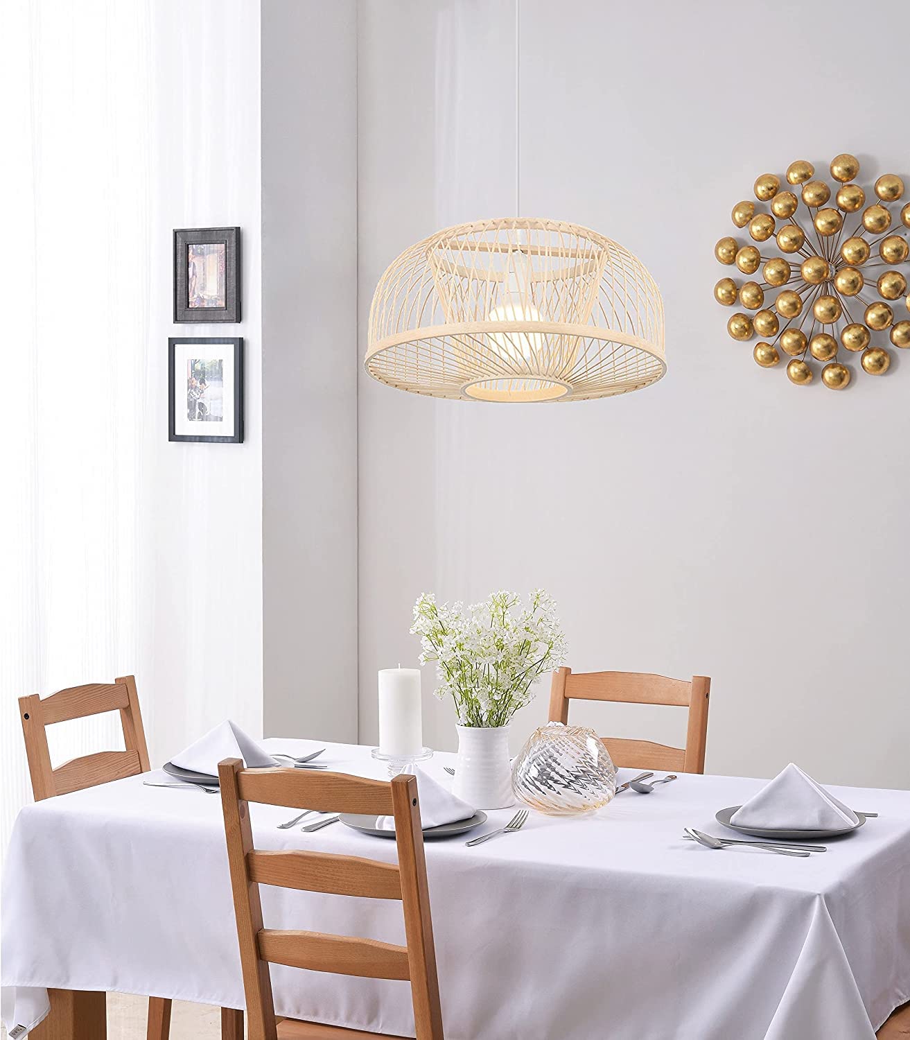 KWOKING Industrial Bamboo Pendant Light - Natural Woven Dome Chandelier with Beige Finish, 1-Light Farmhouse Hanging Fixture for Kitchen, Dining Room, and Rustic Home Decor
