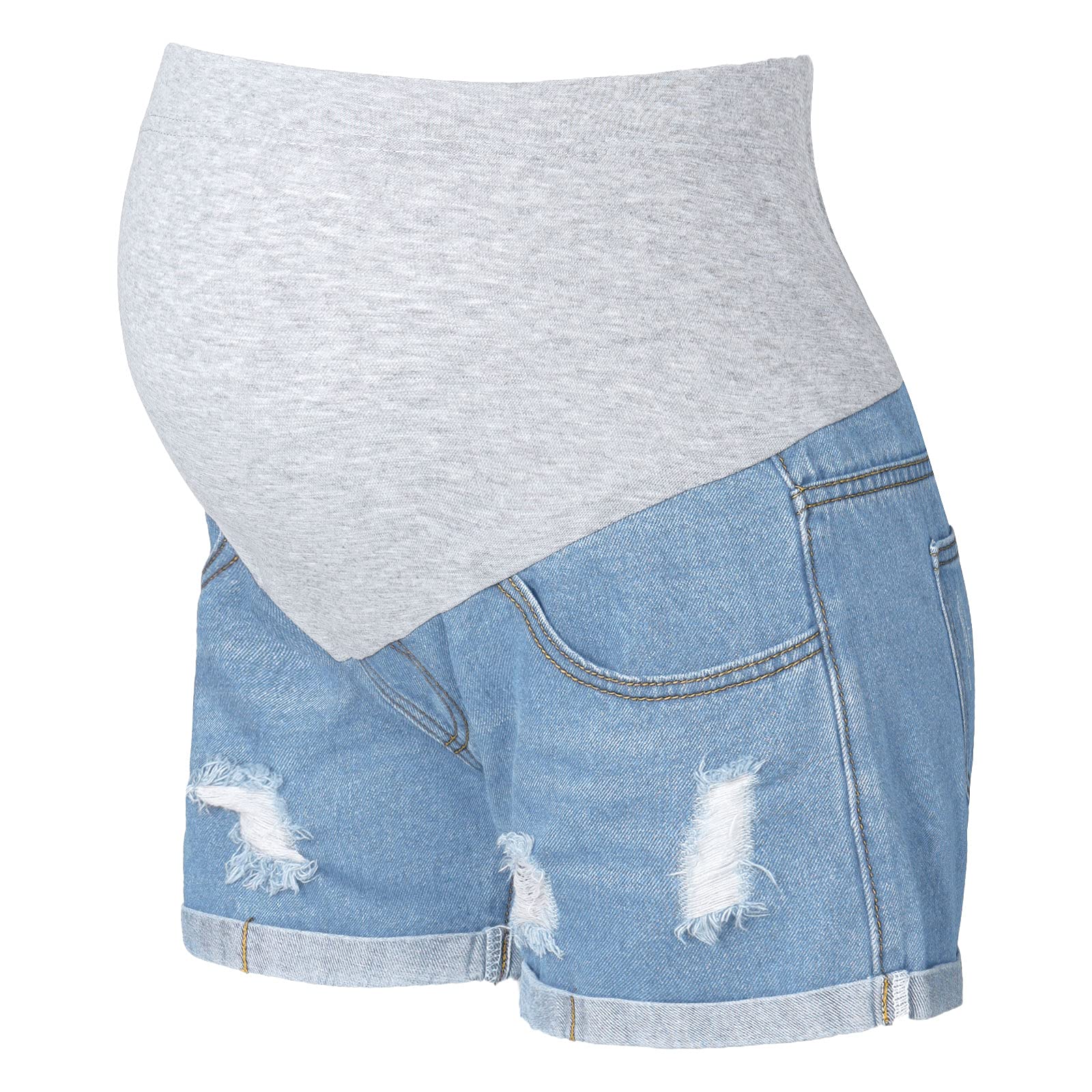 Yartina Women's Maternity Over The Belly Denim Shorts - Pregnancy Stretch Jeans with Folded Hem & Ripped Style - Comfortable for Summer, Travel & Casual Wear