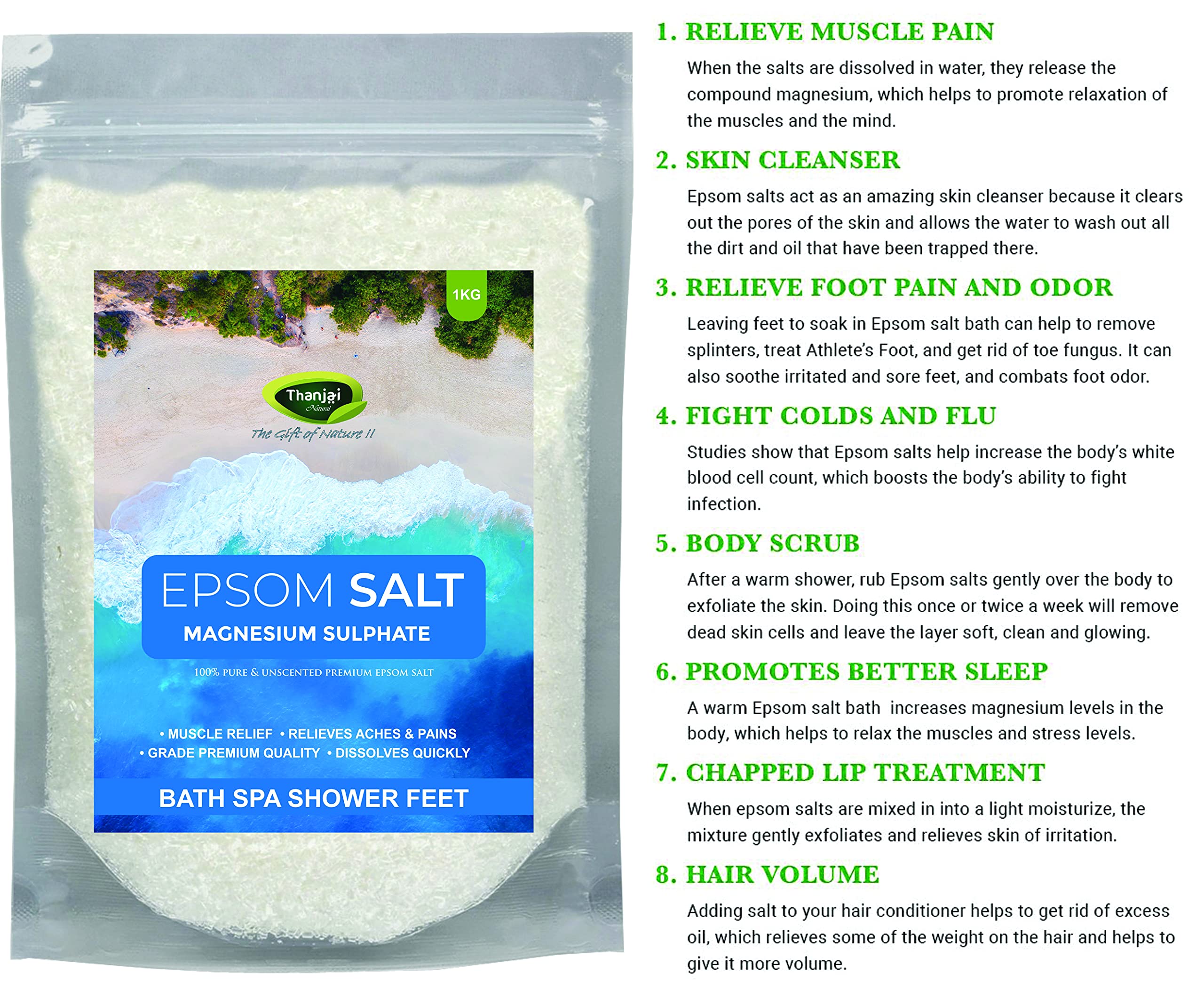 Premium 1Kg Epsom Salt (Magnesium Sulfate) - 100% Natural Muscle Relaxation & Pain Relief - Spa, Bath, Foot Soak & Gardening Uses