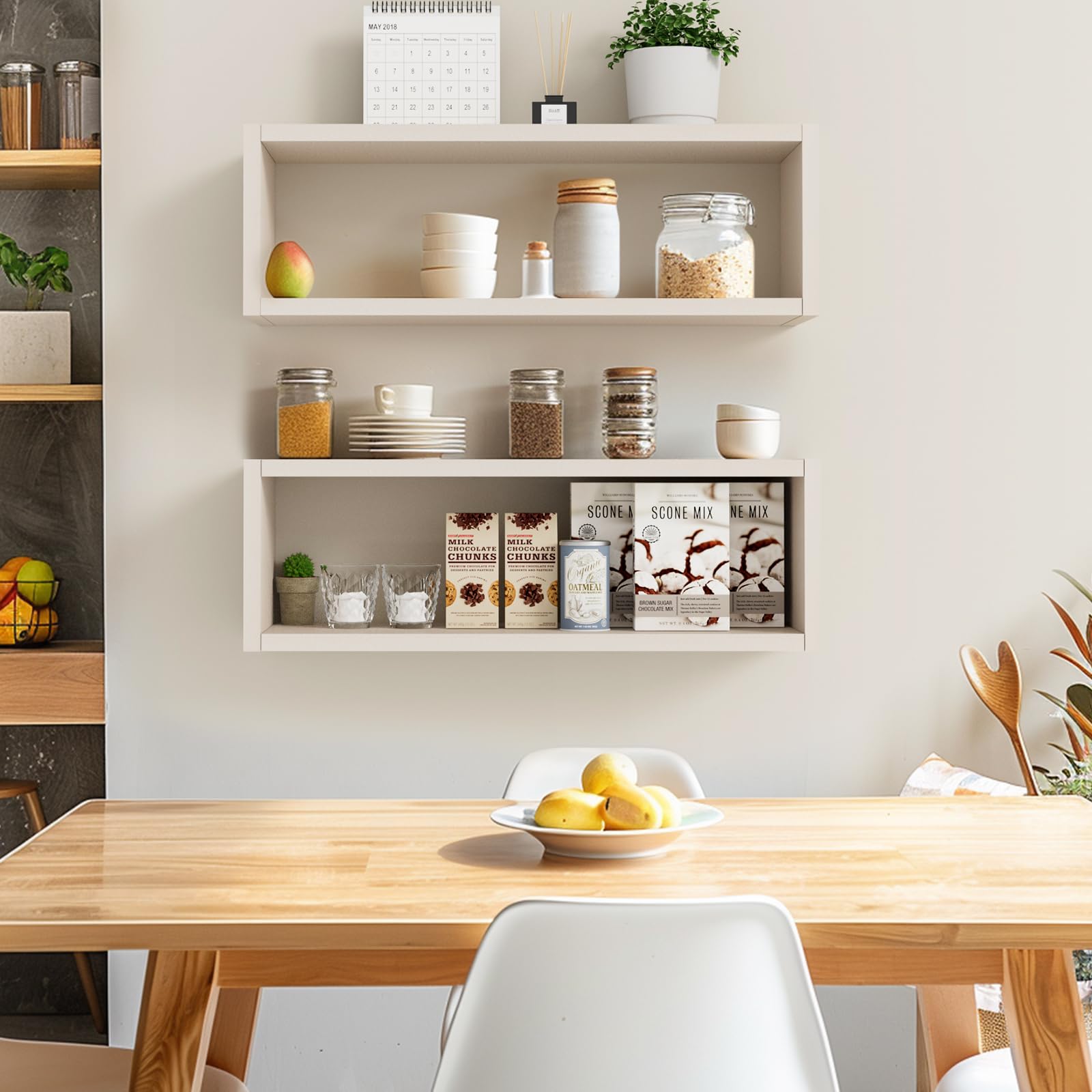 Kaboon 24 Inch Floating Cube Shelves Set of 2 - Modern Wall Mounted Display Shelves for Home Decor - Beige Leather Rectangular Storage Cubes - Perfect for Kitchen, Living Room, Office & Bedroom Organization