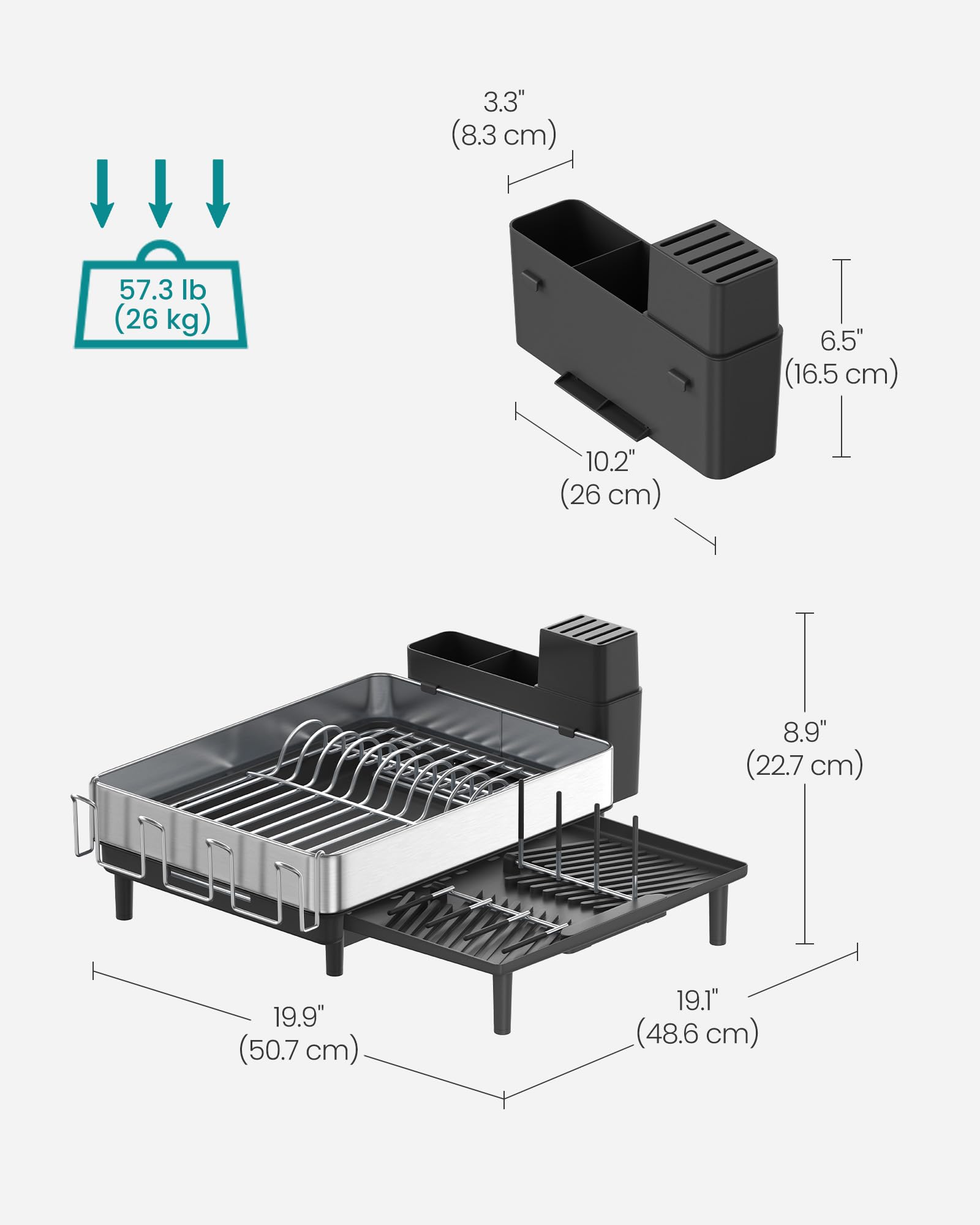 SONGMICS Expandable Stainless Steel Dish Drying Rack for Kitchen Counter - Rotatable Spout, Utensil & Cup Holders - Silver & Black (UKCS037B01) | Space-Saving Dish Organizer for Small Kitchens, Perfect for Drying Plates, Glasses, Cutting Boards & Pans