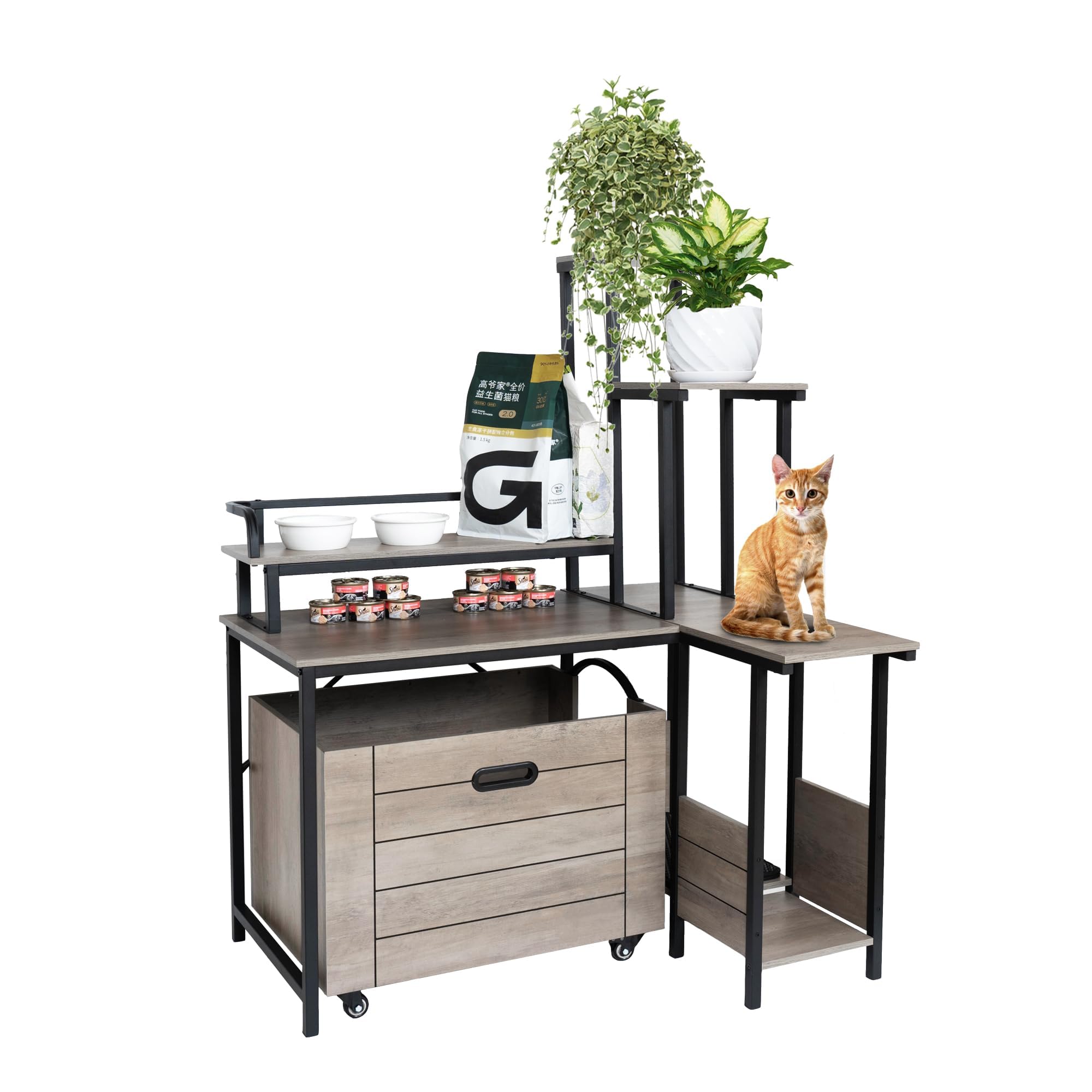 IDEALHOUSE 2024 Hidden Cat Litter Box Furniture - Wooden Enclosure with Pull-Out Tray, Flower Stand & Corner Plant Shelf | Discreet Pet Washroom for Home Decor | Perfect for Small Spaces & Modern Living Rooms
