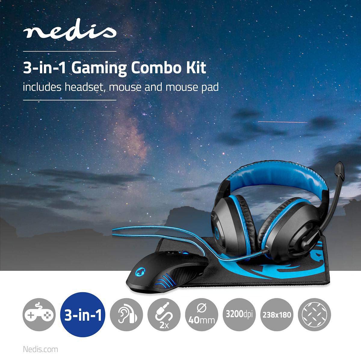 NEDIS Gaming Combo Kit - 3 in 1 PC Gaming Headset, Wired Mouse & Large Mouse Pad - Blue/Black - Perfect for Esports, Streaming & Online Gaming