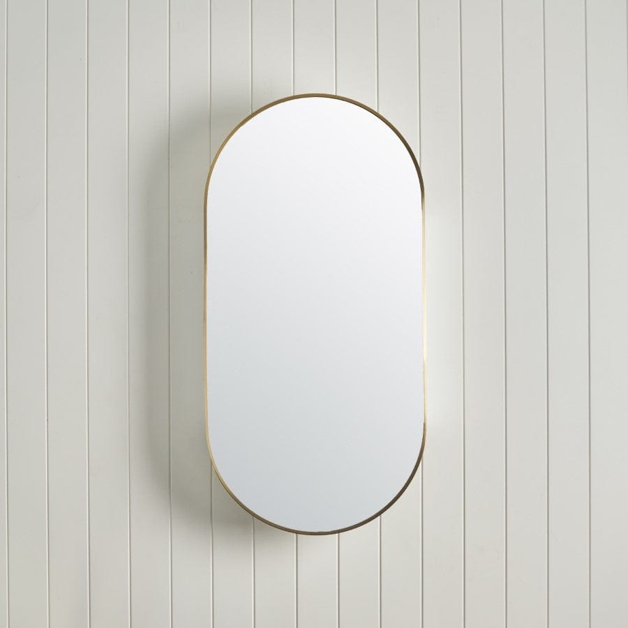 Brushed Brass Oval Mirror Cabinet - Elegant Bathroom Vanity with Storage for Makeup & Organizing | Perfect for Modern Home Decor