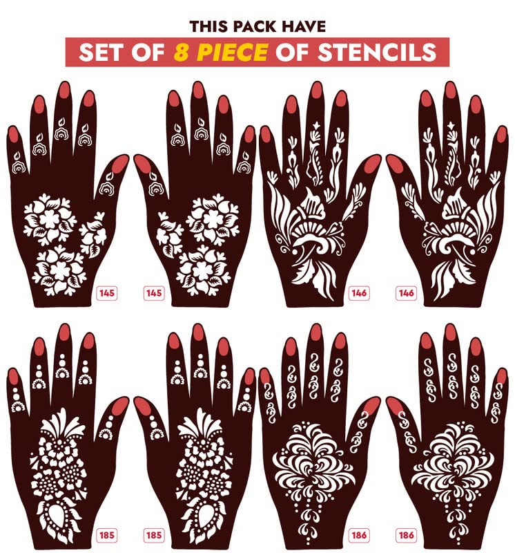 APCUTE Henna Stencil Kit - 8 Pcs Reusable Mehndi Design Stickers for Hands, Easy DIY Temporary Tattoo for Women, Girls & Kids | Perfect for Weddings, Parties & Festivals
