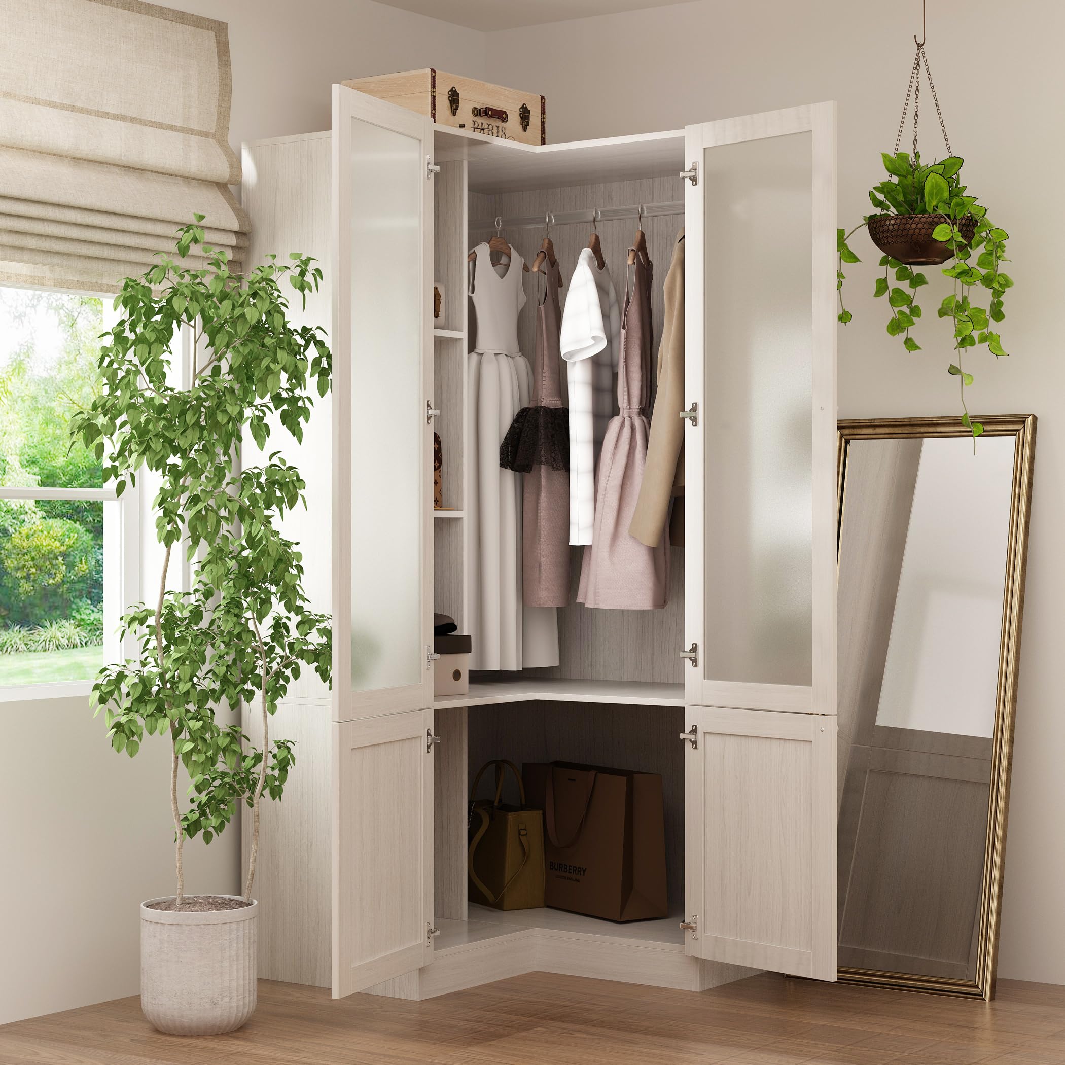 Homsee Warm Grey L-Shape Armoire Wardrobe Closet with Frosted Glass Doors - Wooden Storage Cabinet with Hanging Bar & Shelves for Bedroom (35.4”L x 35.4”W x 70.9”H) - Perfect for Small Spaces, Apartment Organization & Modern Home Decor