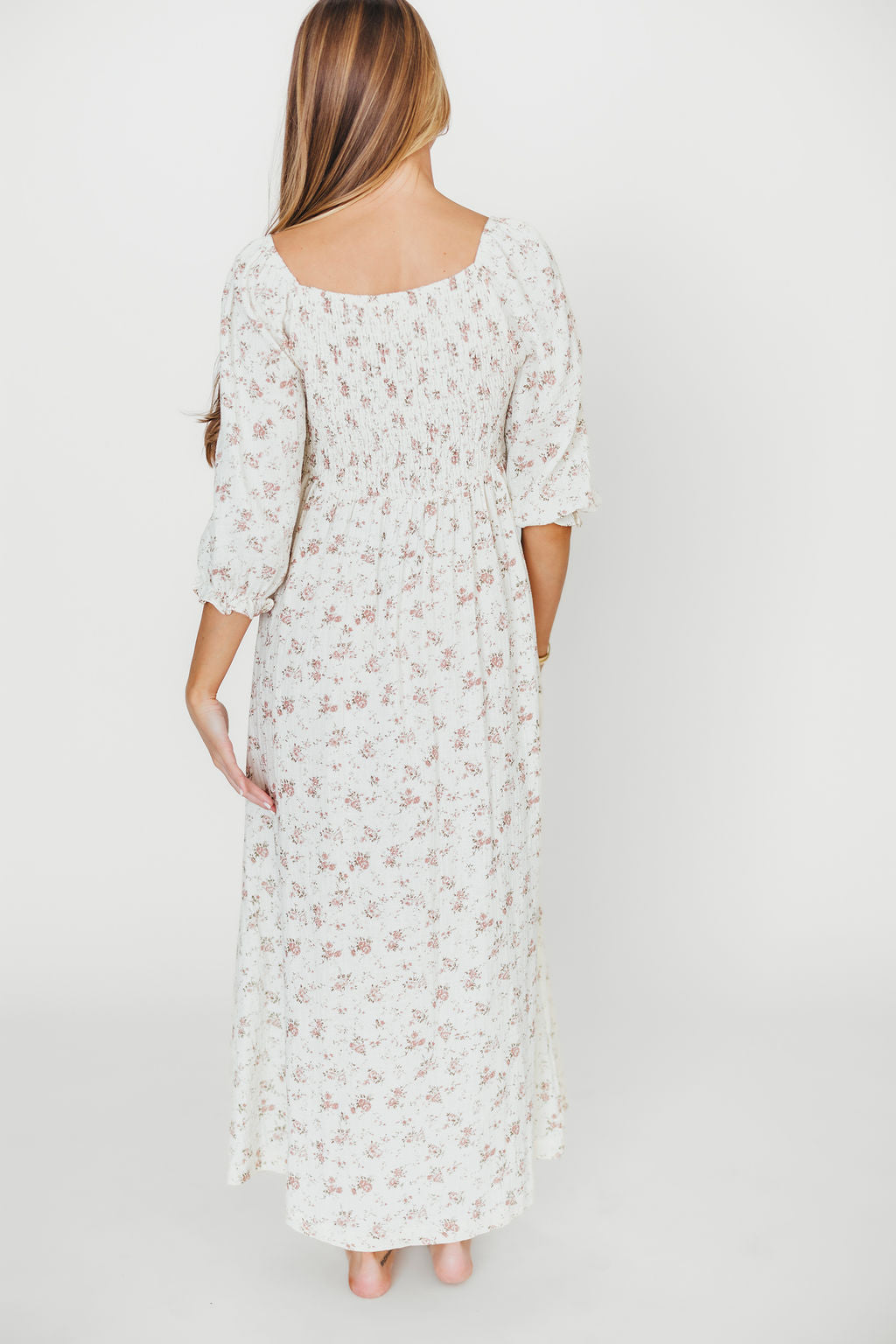 100% Cotton Smocked Maxi Dress - Ivory/Mauve Floral Print | Bump Friendly Maternity Dress | Perfect for Summer Vacations, Beach Getaways & Baby Showers
