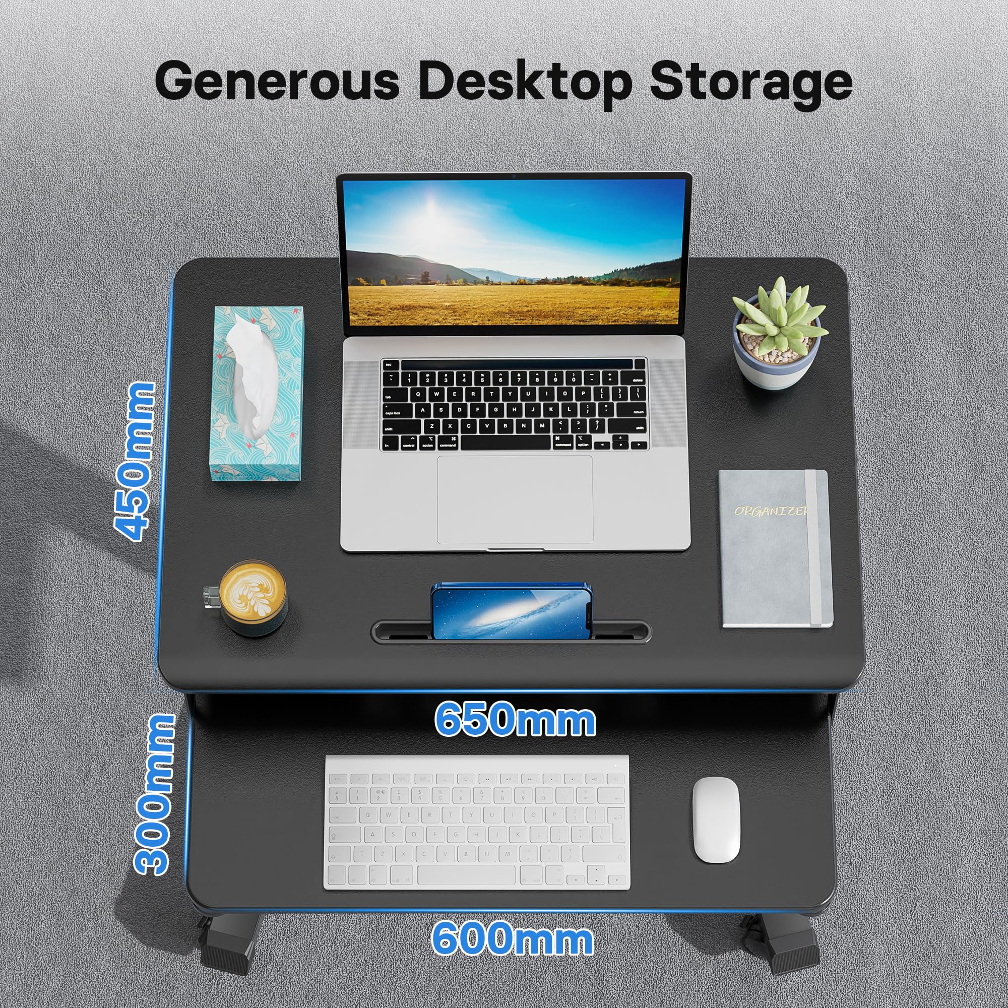 Adjustable Height Mobile Desk with 4 Wheels - 65x45cm Portable Standing Workstation with Keyboard Tray, Perfect for Home Office, Living Room & Bedroom - Ideal for Remote Work, Gaming & Study