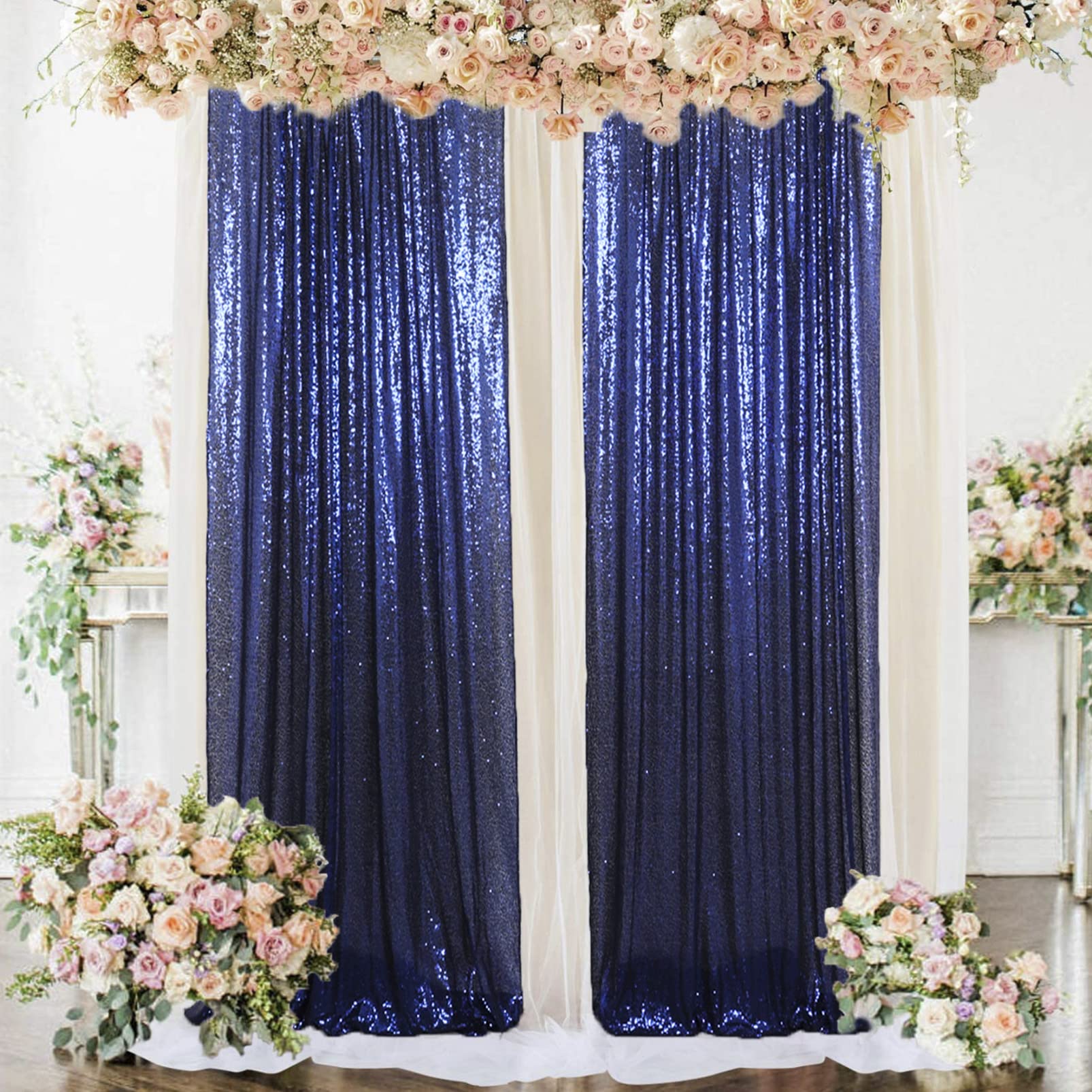 Navy Blue Sequin Glitter Backdrop - 8ft Shimmer Wedding & Party Drapes for Photo Booth, Birthday, Events | Sparkling Fabric Curtain for Home Decor & Celebrations