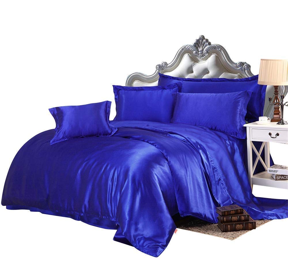 World of Bedding Twin Comforter Set - 7 Piece Satin Twin Size Comforter with Sheets (Comforter, Flat Sheet, Fitted Sheet 18'', 4 Pillowcases) 600 GSM Royal Blue Duvet Insert - Perfect for Guest Rooms, Dorms & Cozy Bedrooms