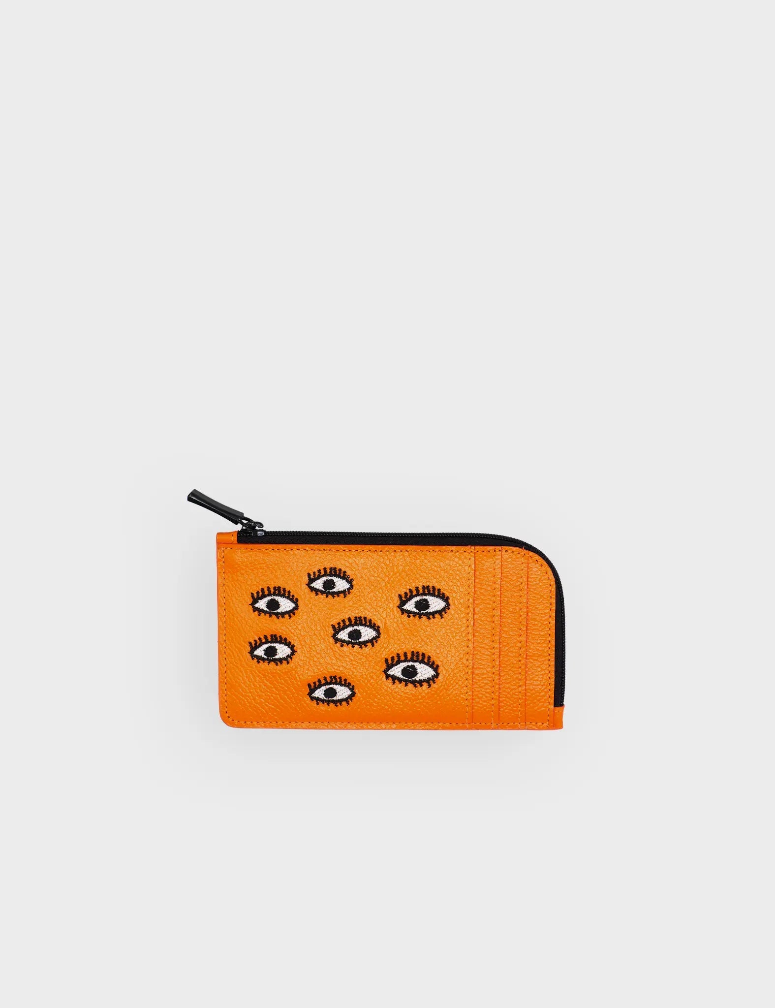 Fausto Neon Orange Leather Zip Around Cardholder with All Over Eyes Embroidery - Stylish RFID Blocking Wallet for Men & Women | Perfect for Travel, Parties, and Everyday Use