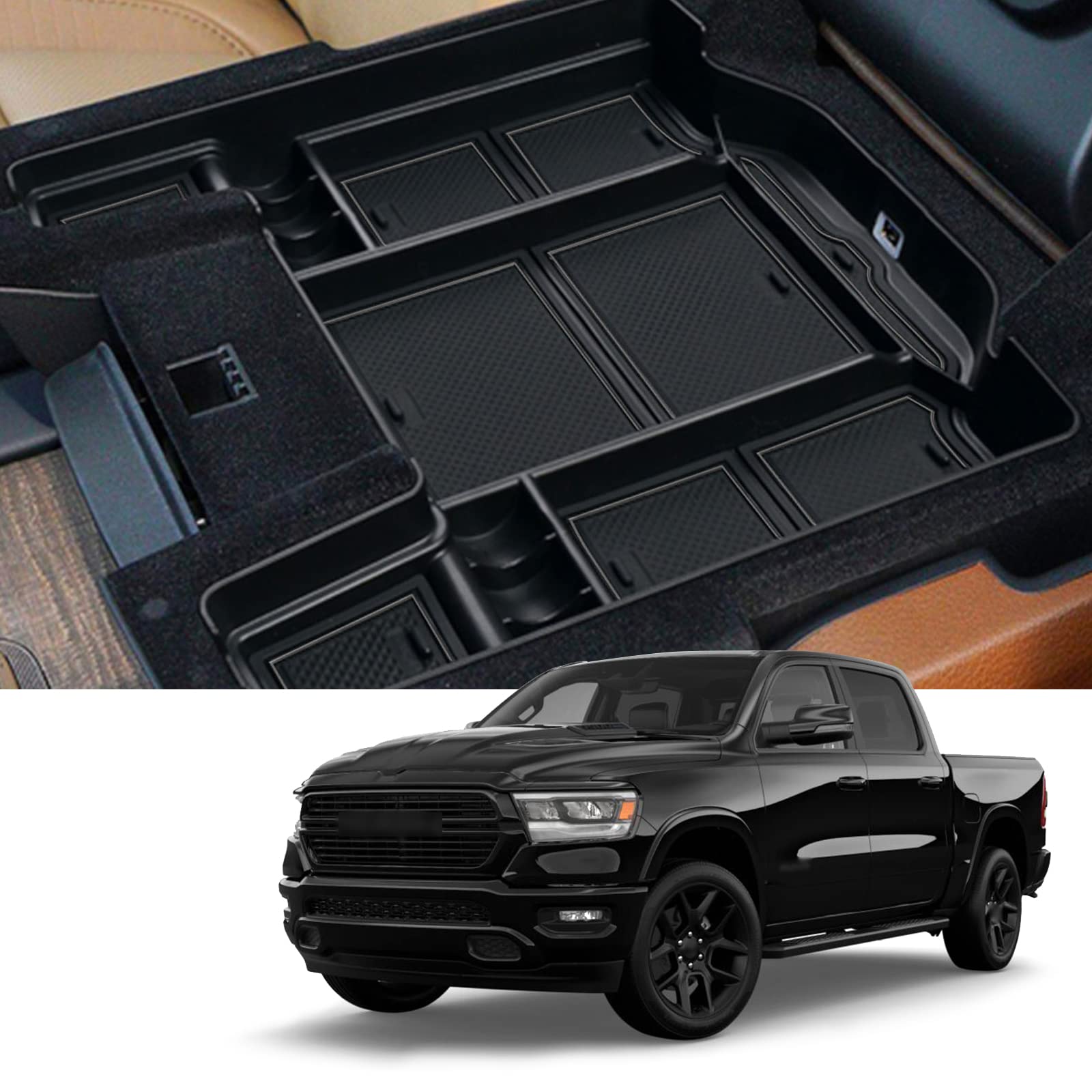 2019-2025 Ram 1500 2500 3500 Center Console Organizer Tray - Durable ABS Plastic & Anti-Slip Rubber Insert - Perfect for Truck Accessories & Interior Organization (Black) - Ideal for Road Trips, Daily Commute and Worksite Storage