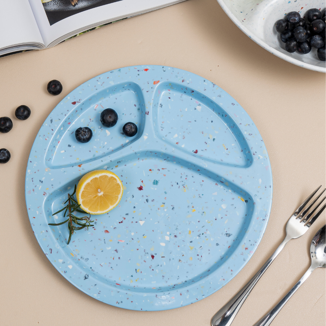 2-Piece Confetti Divided BBQ Plates Set - Blue | Durable Melamine Serving Dishes for Outdoor Picnics, Backyard Grilling & Party Entertaining