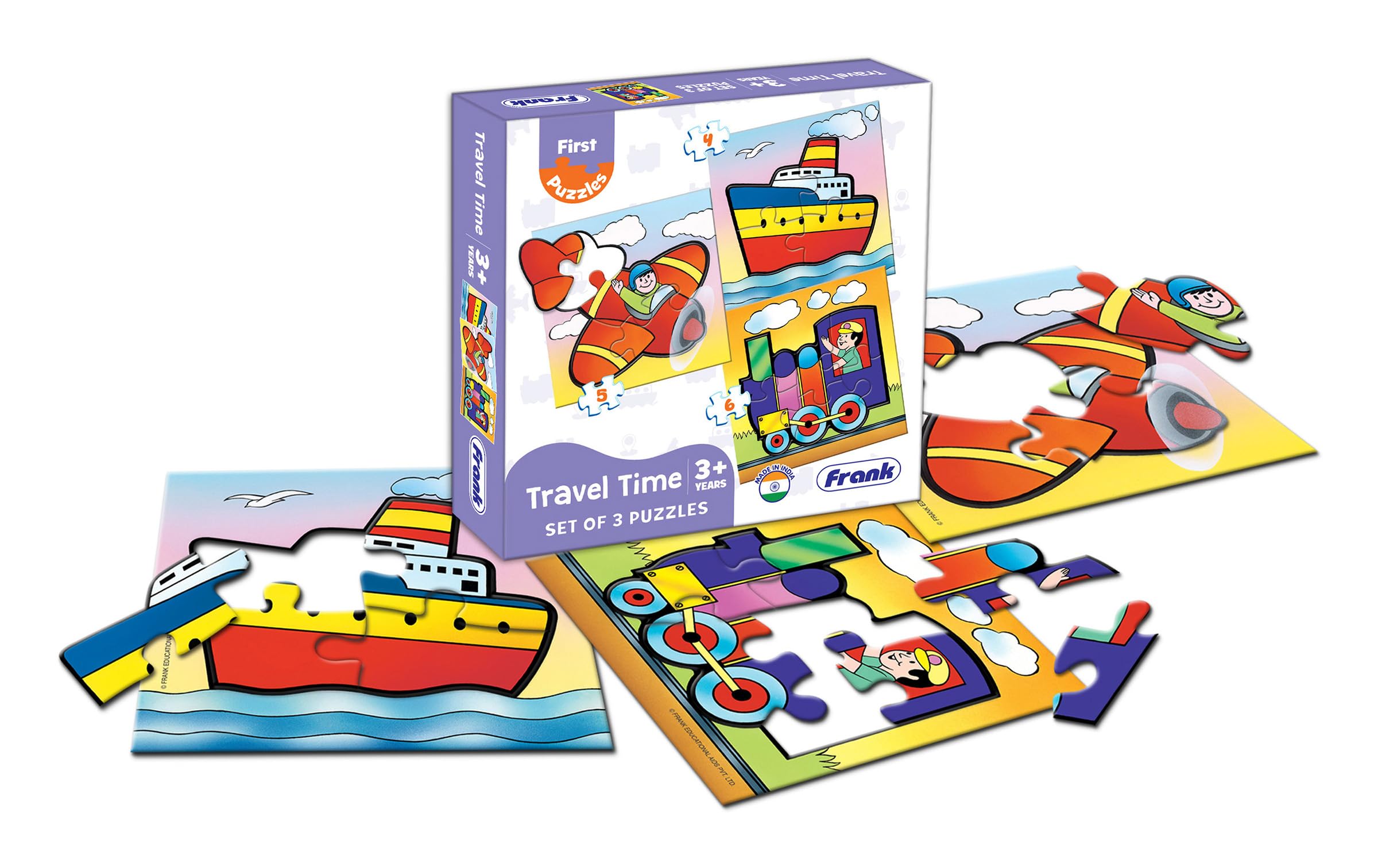 Frank 6-in-1 Educational Jigsaw Puzzle Set for Kids Ages 3+ | 2 Pack with Transport & Travel Themes (3 Cardboard Puzzles Each) | STEM Learning Toy for Preschoolers | Perfect for Birthday Gifts & Family Game Night