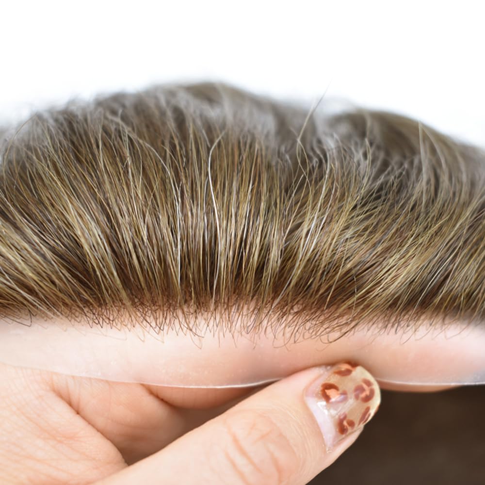 Premium European Human Hair Toupee for Men - 7x9 Inch Mono Hair Replacement System - Dark Ash Blonde #17 (120% Density) - Natural Looking Hair Prosthesis for Thinning Hair & Baldness - Perfect for Daily Wear, Special Occasions & Professional Settings