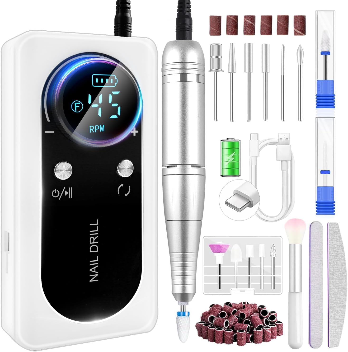 45000 RPM Professional Electric Nail Drill Kit - Rechargeable LED Nail File for Acrylic & Gel Nails | Fast Nail Polish Removal | Lightweight & Portable | Perfect for Home Salon & Professional Manicure/Pedicure