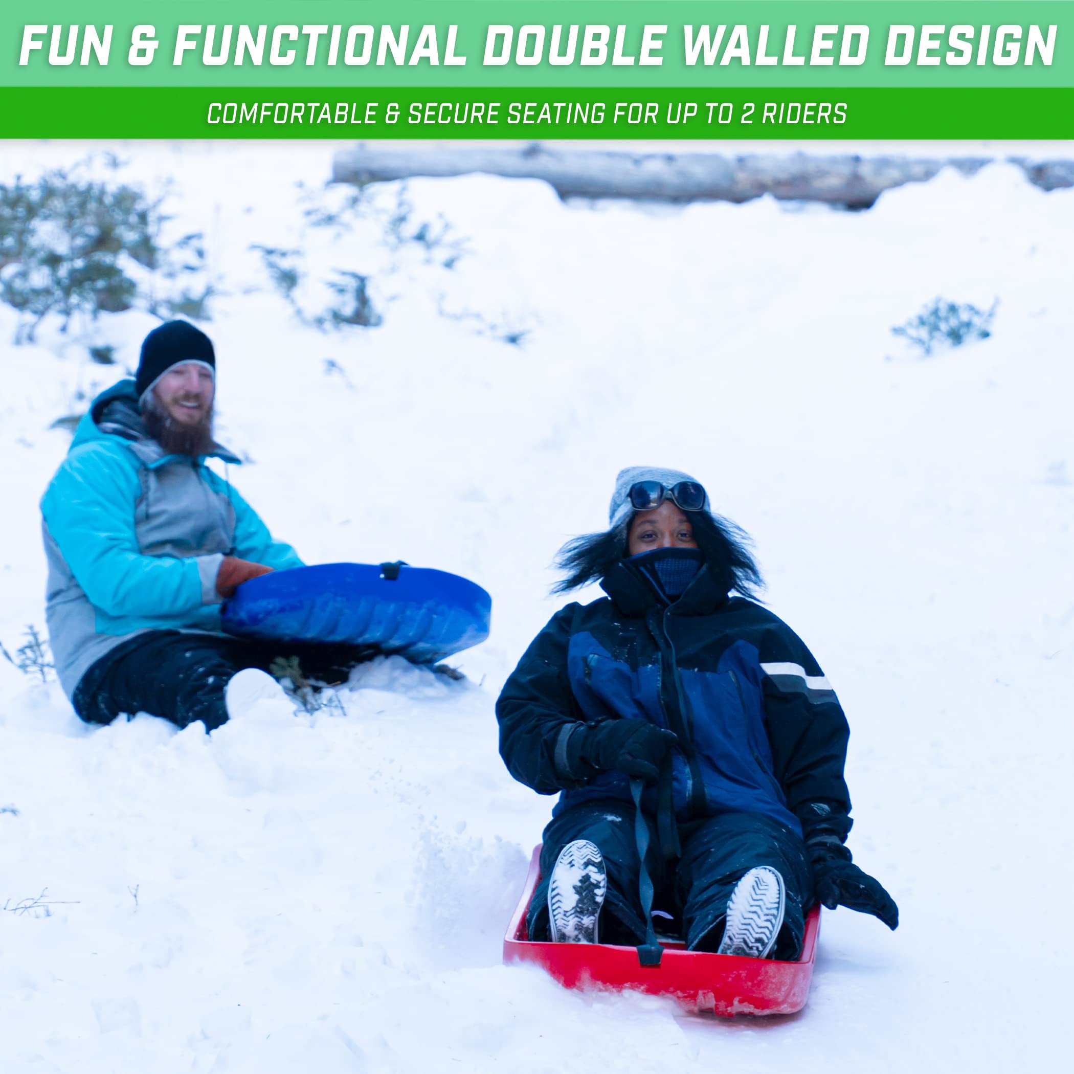 GoSports Premium 2-Person Snow Sled for Adults & Kids - Heavy Duty Double Walled Construction with Pull Strap & Padded Seat - Red or Blue Options - Perfect for Winter Sledding, Snow Tubing & Family Outdoor Fun