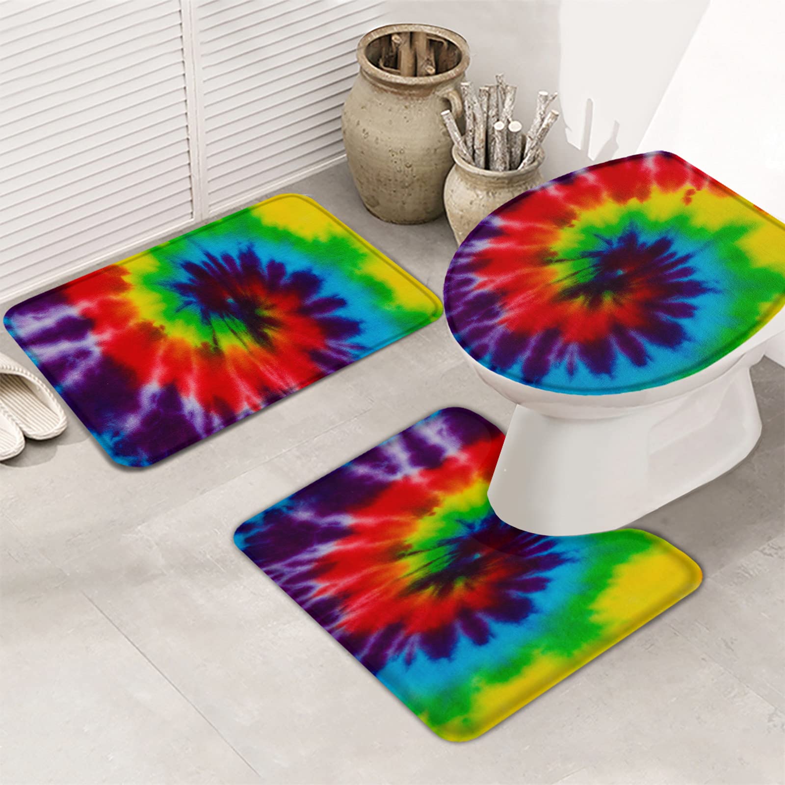 3 Piece Bathroom Rugs Set - Abstract Watercolor Rainbow Tie Dye Absorbent Bath Mat, U-Shape Contour Rug & Toilet Lid Cover - Non-Slip Boho Decor for Bathroom, Shower & Vanity Area - Soft & Stylish Home Accessories