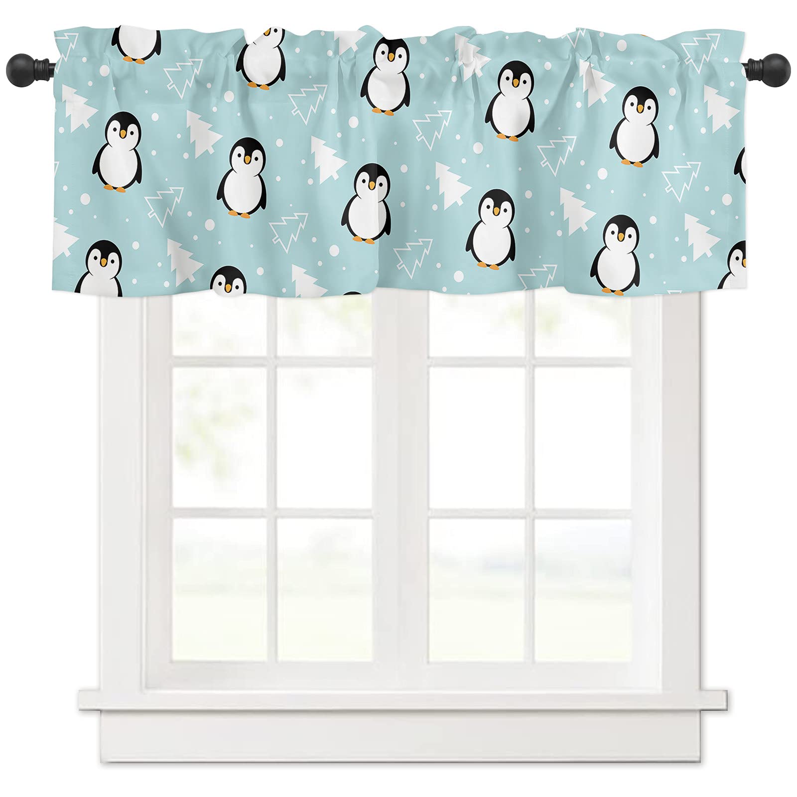 54x18 Inch Cartoon Tree Penguin White Kitchen & Bathroom Window Valance - Rod Pocket Short Curtain Valance for Cozy Home Decor | Perfect for Farmhouse, Cottage & Kids Room Decor