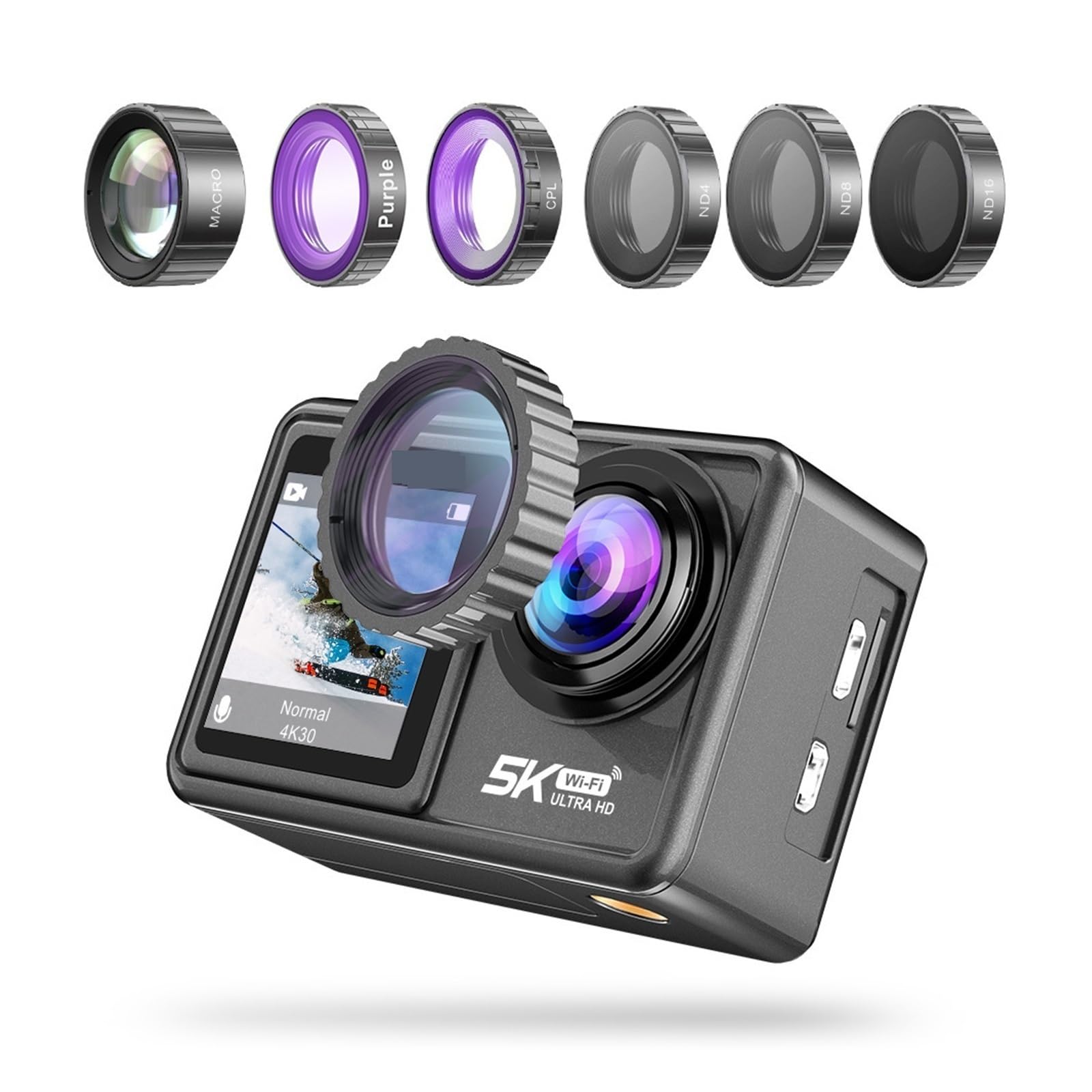 **MZZYG Dual Screen Action Camera 48MP EIS 5K Video with 6 Lens Kit - Waterproof Sports Camera for Vlogging, Diving, Cycling & Outdoor Adventures**