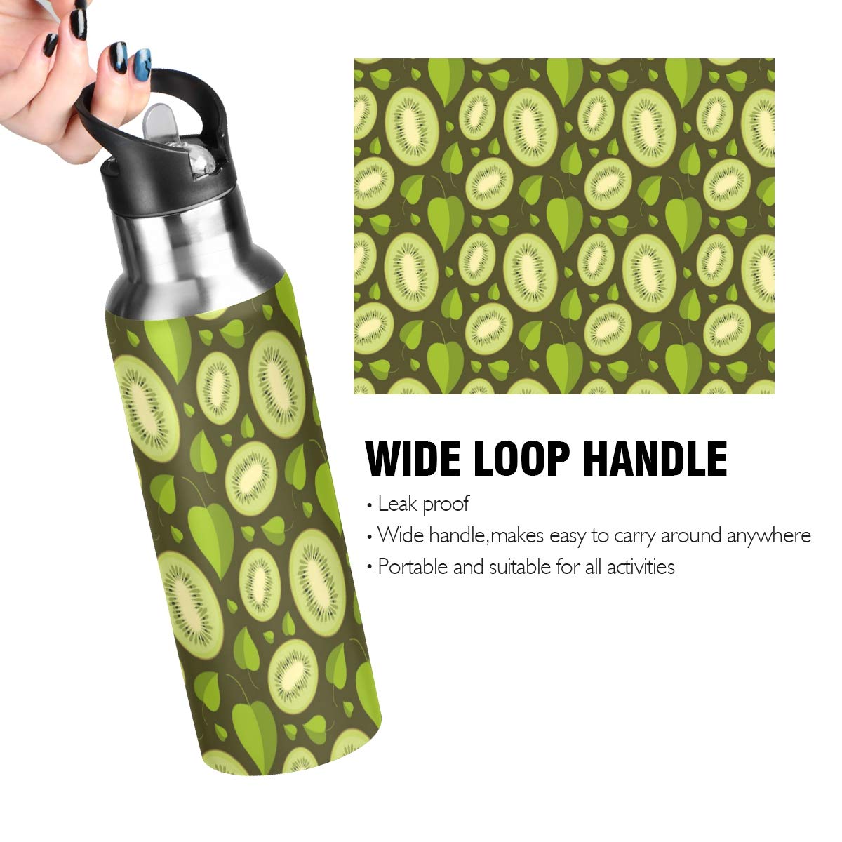 Kiwi Pattern Stainless Steel Water Bottle - 600ml (22oz) Reusable Sports Bottle for Gym, Running, Cycling & Outdoor Activities | BPA-Free, Leak-Proof Design