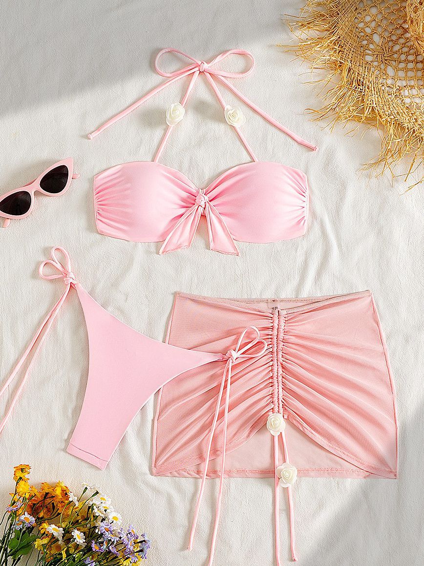 ZASUWA Women's Sexy Solid Color Bow Tie 3-Piece Lace Up Bikini Set - Perfect for Beach, Pool Party & Summer Vacation