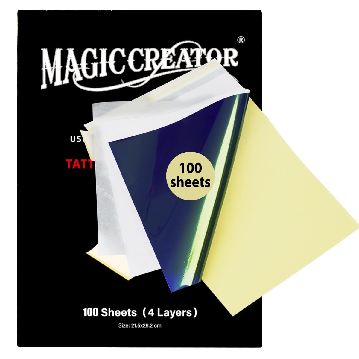 100Pcs Ultra HD Thermal Tattoo Transfer Paper - 4 Layer Professional Stencil Paper for Tattoo Artists | Works with Tattoo Stencil Printers & Freehand Drawing | A4 Size | Perfect for Tattoo Studios, Home Practice & Professional Tattooing