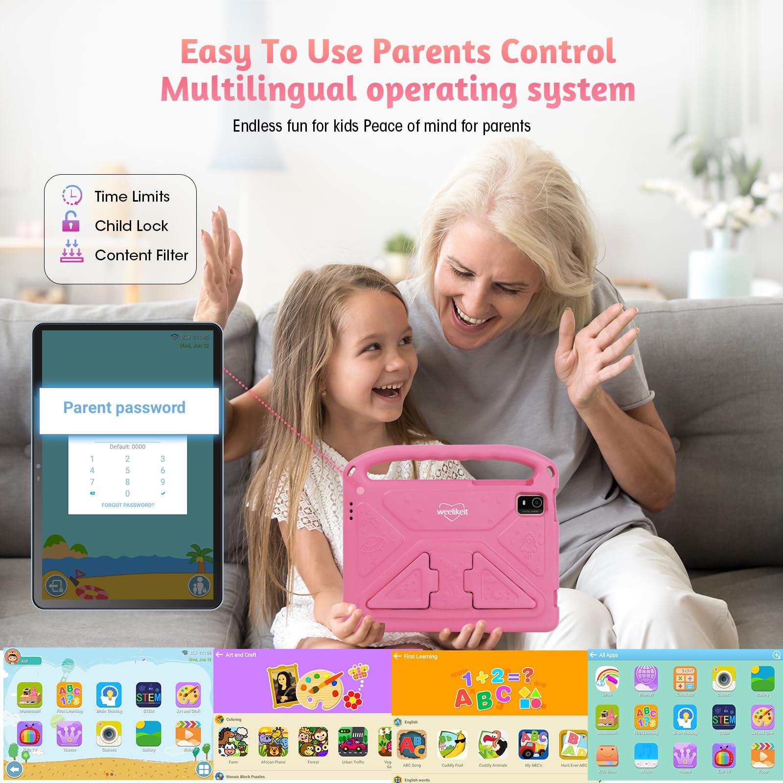10-Inch Kids Tablet with Android 14 | 8GB RAM 128GB ROM | Parental Controls, Dual Camera & 6000mAh Battery | Includes EVA Case - Perfect for Learning, Games & Travel (Pink)