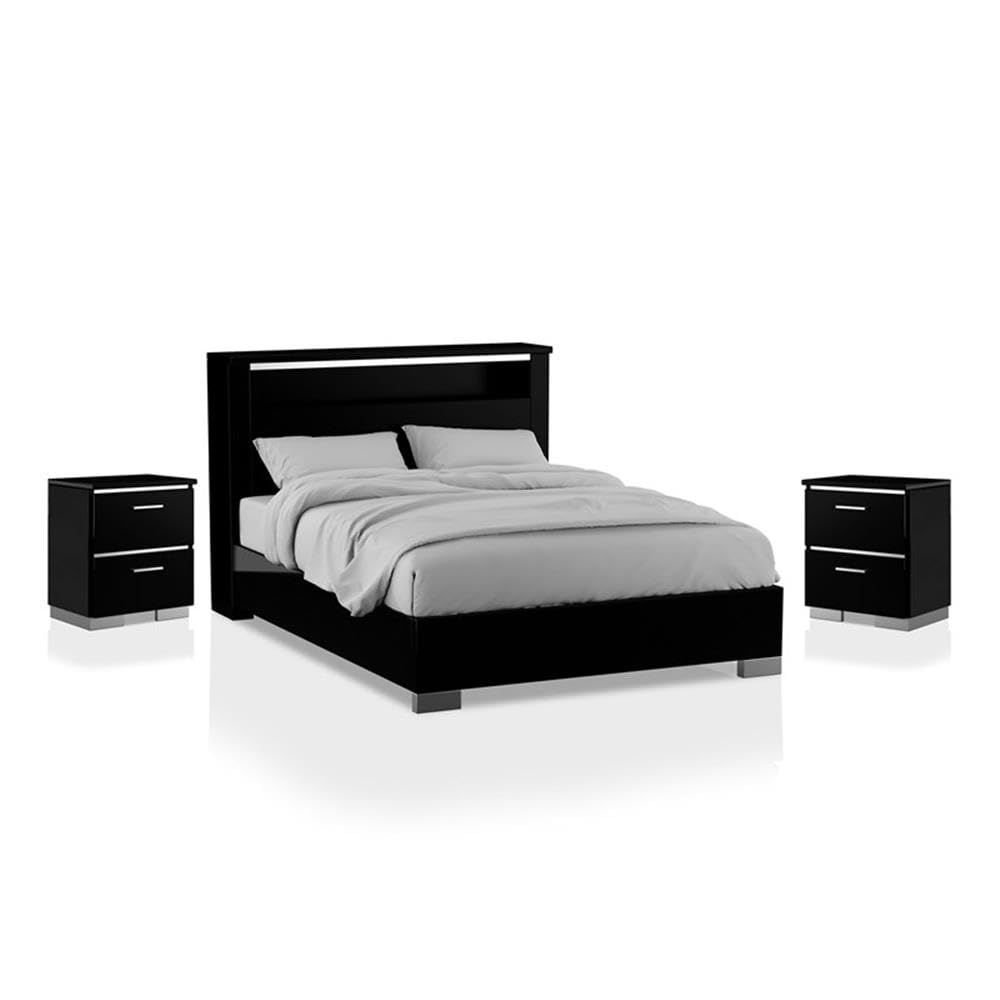 Furniture of America FOA Ryant Contemporary 3-Piece Black Wood Bedroom Set - King Size Bed Frame with 2 Nightstands for Modern Master Bedroom Decor