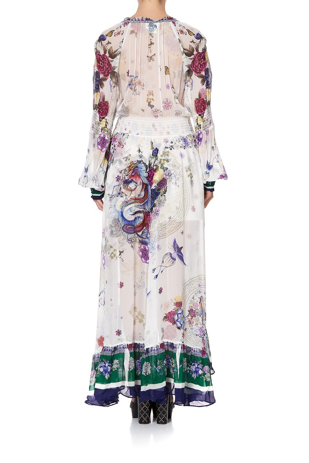 Elegant Blouson Sleeve Wrap Dress with Gentle Moon Print - Perfect for Date Night, Office Wear & Special Occasions