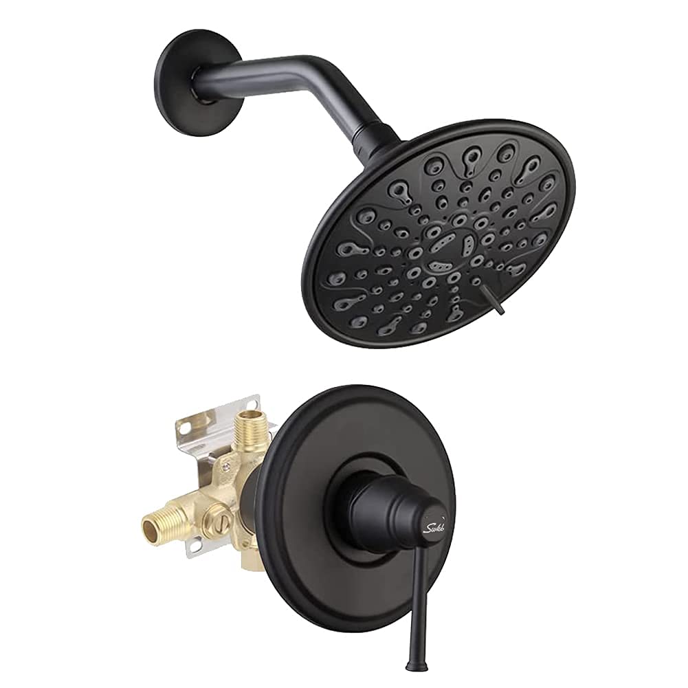 Single Function Shower Faucet Trim Kit with Rough-In Valve - Matte Black Rainfall Shower System with Touch-Clean 6-Spray Shower Head | Perfect for Modern Bathroom Renovations & Spa-Like Shower Experience