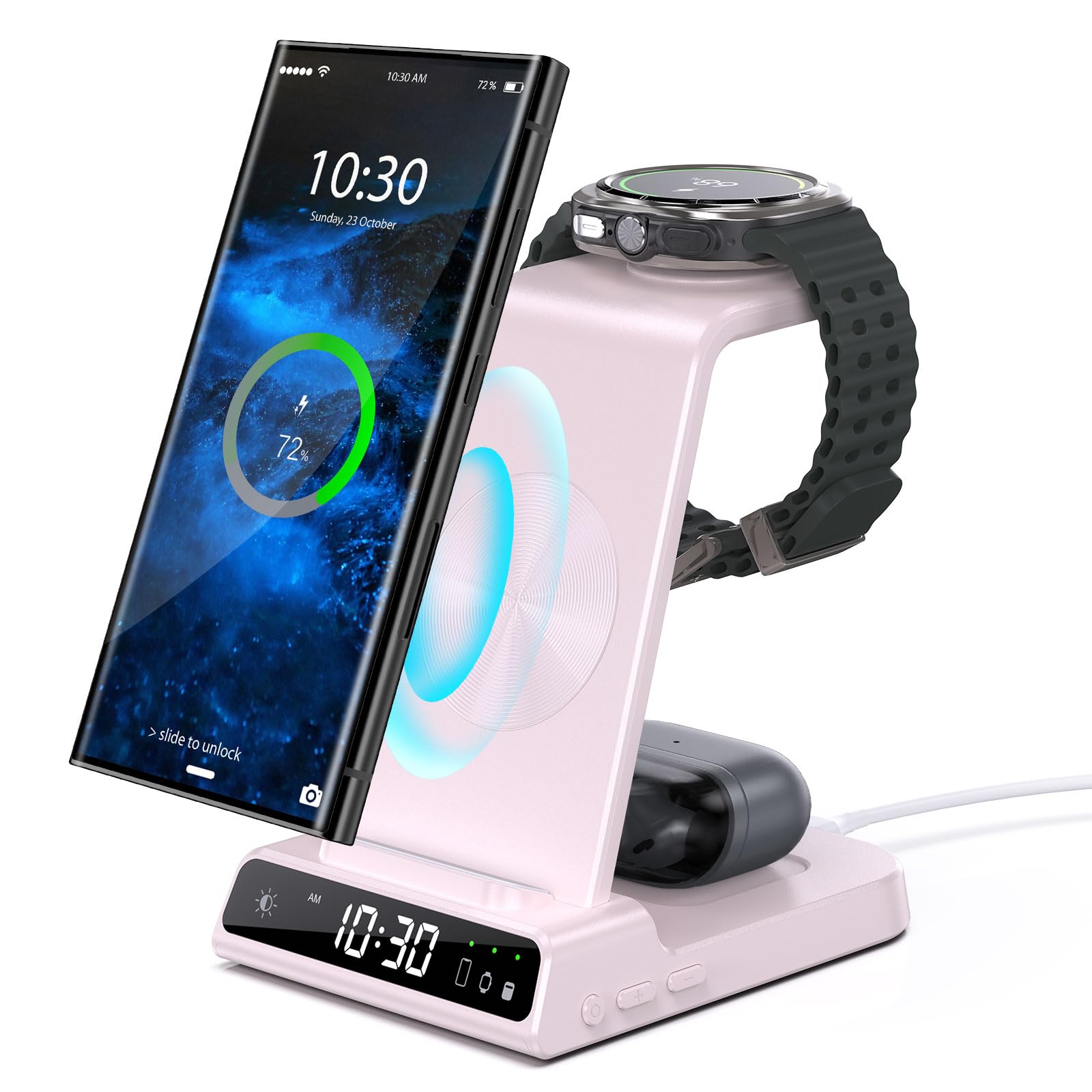 3-in-1 Wireless Charging Station with Digital Clock for Samsung Galaxy S25 Ultra/S24 Ultra/Z Flip 6/5/Fold 5/Buds 2 - Fast Charger for Galaxy Watch 7/6/5 Pro (Pink) | Perfect for Bedside, Office & Travel Use