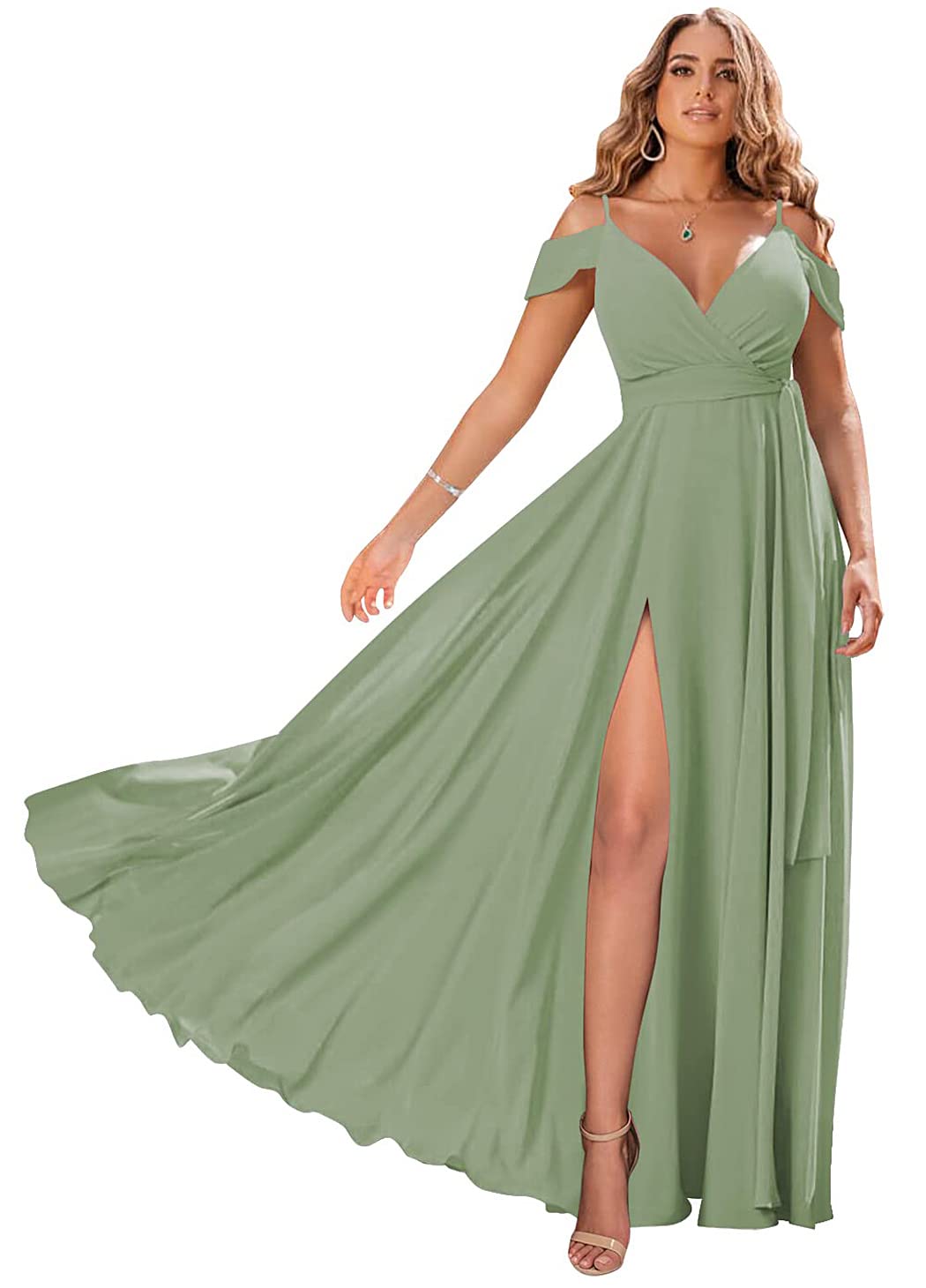 QMMD Women's Off Shoulder Bridesmaid Dress Long Chiffon Evening Gown Formal Prom Dress with High Slit - Perfect for Weddings, Parties & Special Occasions