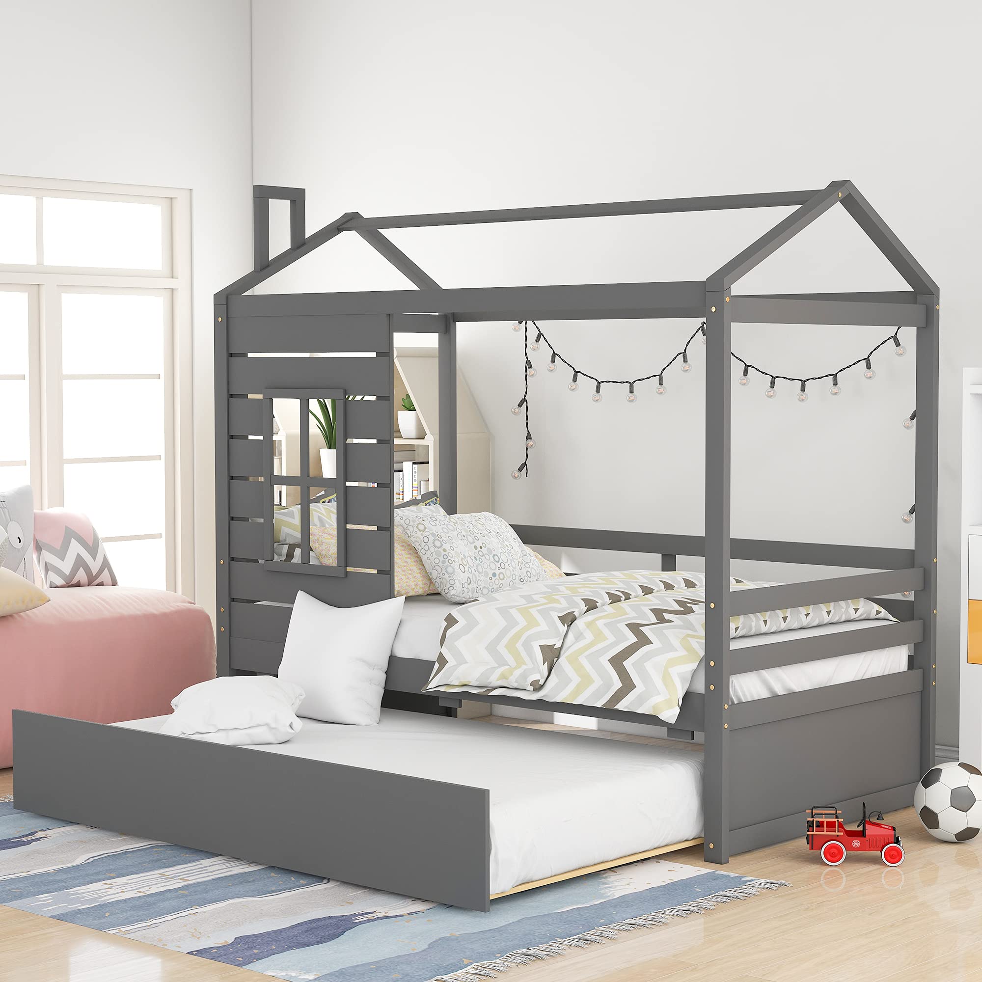 RUNNA Twin Size Wooden House Bed with Trundle - Gray Kids Bed Frame with Roof, Window & Guardrail for Children's Room | Perfect for Toddlers, Boys & Girls Bedroom Decor | Playful Sleep Solution for Daydreaming & Imaginative Play