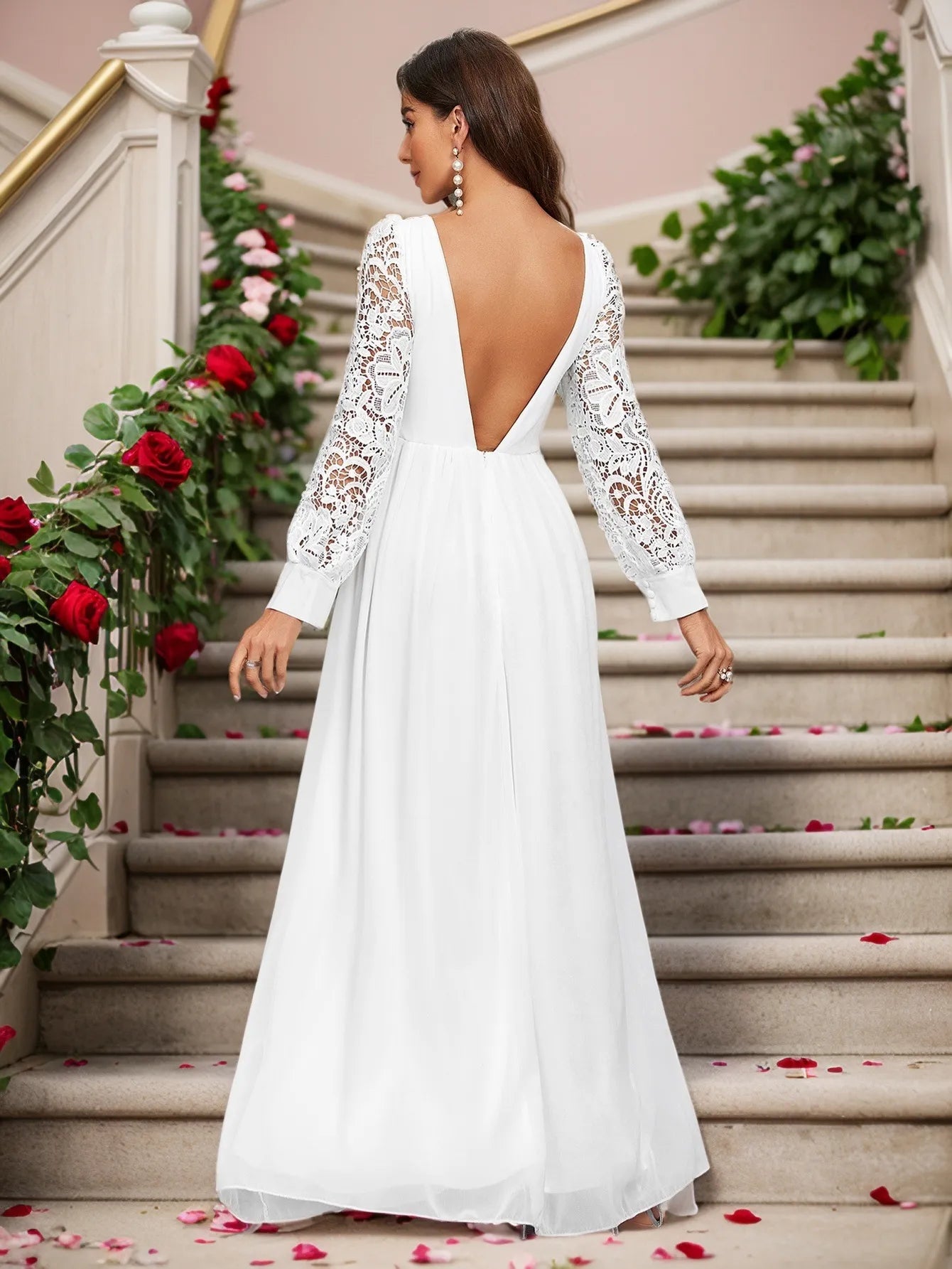 Elegant White Chiffon Long Sleeve Backless Evening Dress for Wedding Guest - Perfect for Formal Events, Parties & Special Occasions