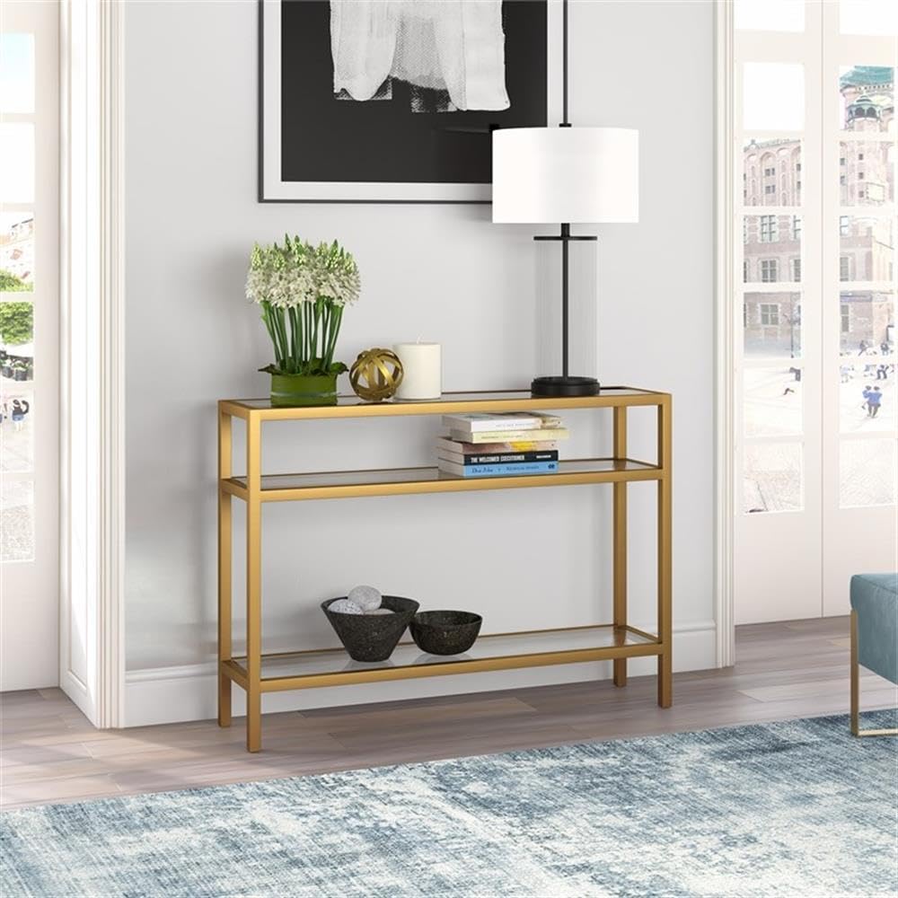 Pemberly Row 42-Inch Traditional Gold Metal Console Table with 3 Glass Shelves - Elegant Entryway, Living Room, or Hallway Decor