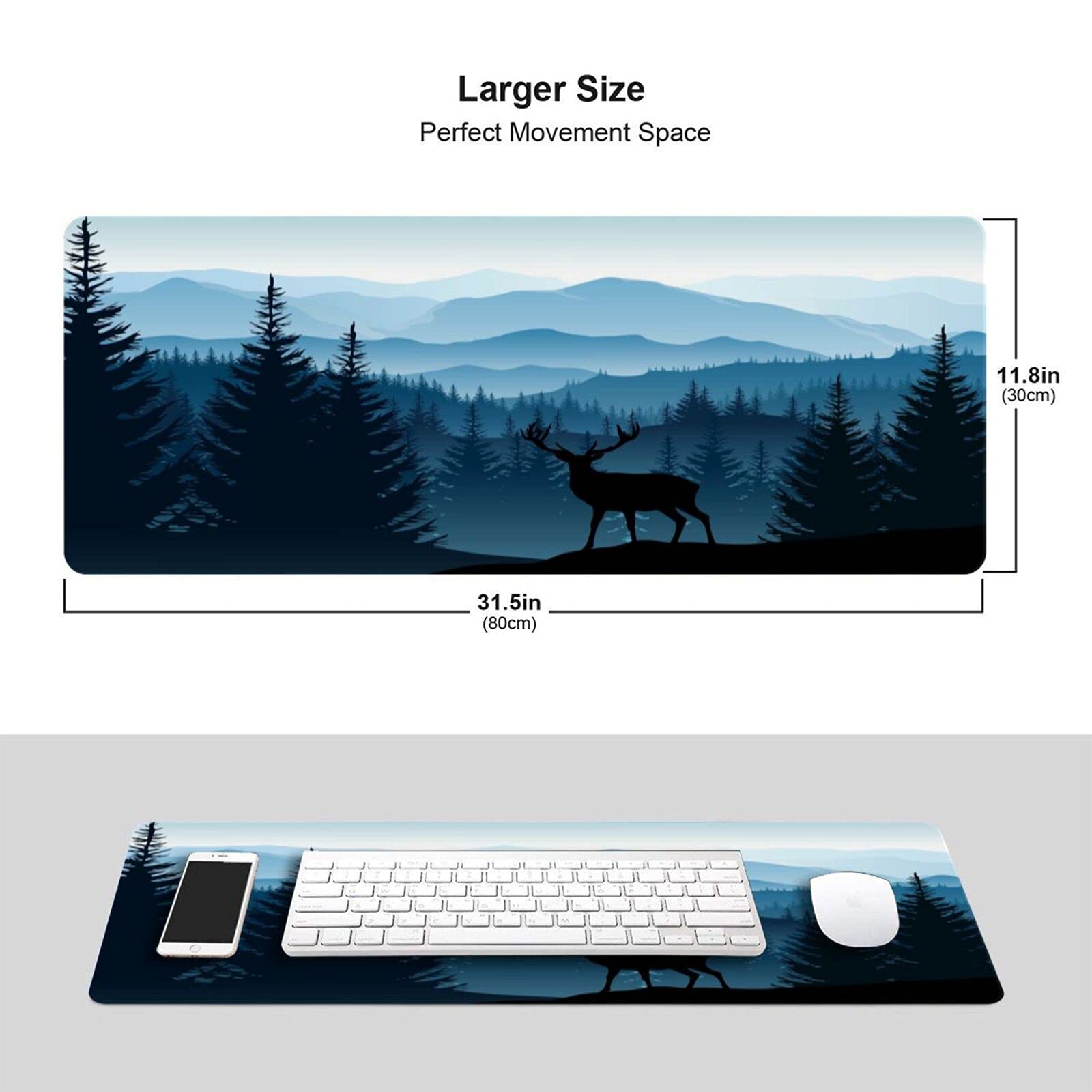 Large Gaming Mouse Pad 31.5x11.8 Inches - Non-Slip Rubber Base & Stitched Edges - Extended Desk Mat for PC, Laptop Gaming - Forest Blue Mountains Design - Perfect for Esports, Office Work & Home Use