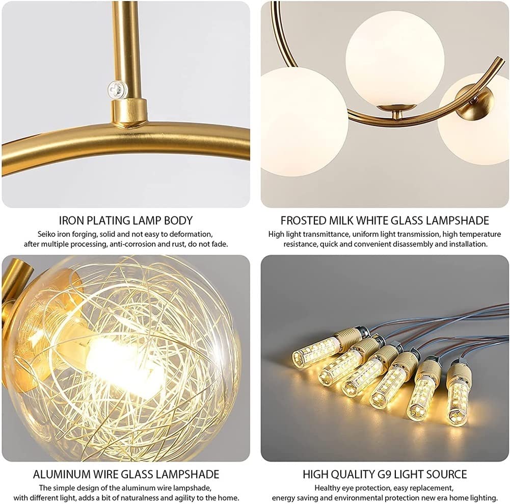 Modern Minimalist Semi-Circle Hanging Chandelier - Gold Finish with White Frosted Glass Globe Shade - Indoor Pendant Light for Living Room, Bedroom & Dining Room - Gypsophila Glass Lampshade Design - Elegant Home Decor Lighting Fixture